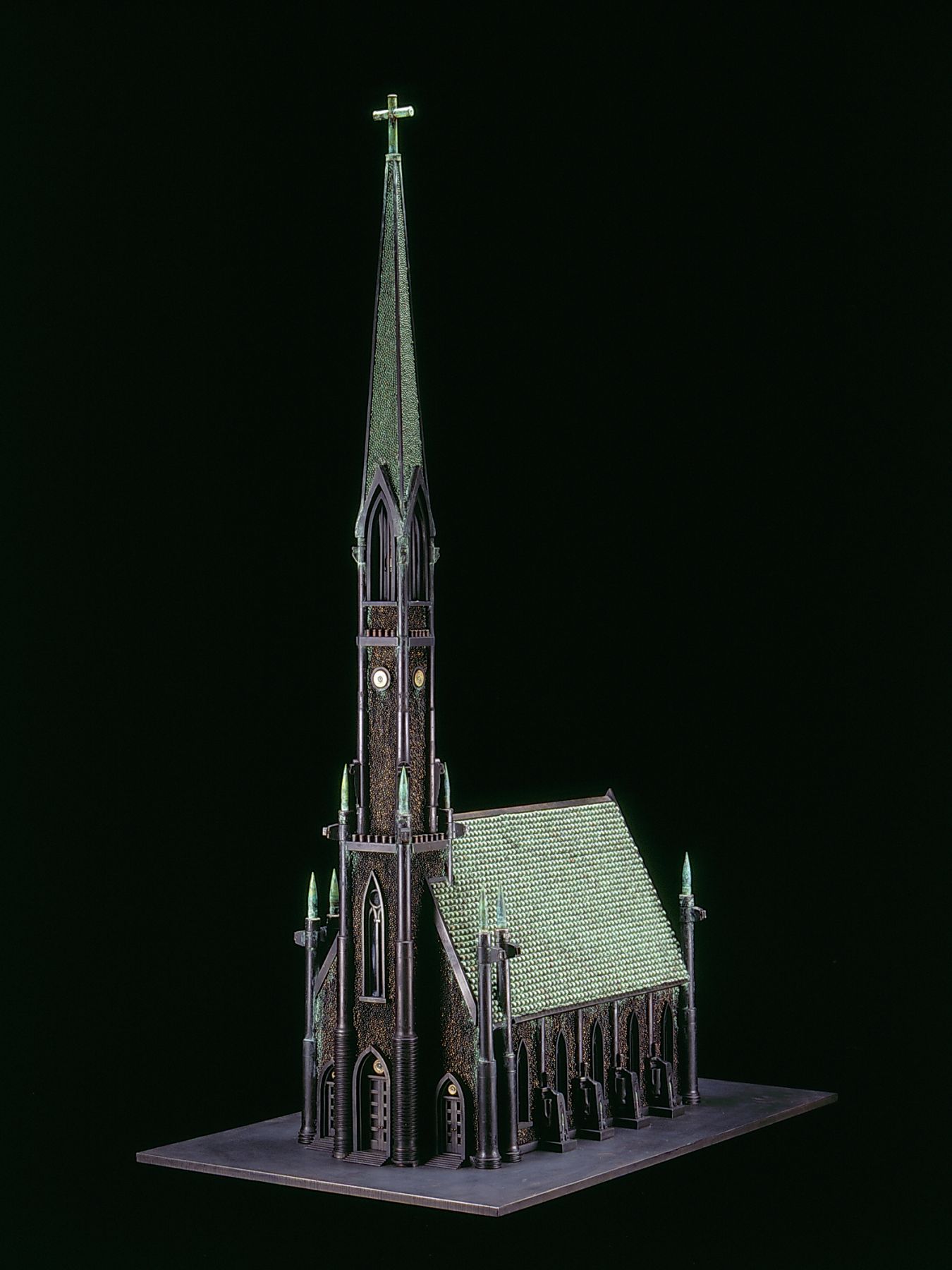 Al Farrow, Revelation II, 2010, guns, gun parts, bullets, steel, shot, polycarbonate, bible, facsimile of Albrecht Durer’s Four Horsemen of the Apocalypse, 60 x 24 x 38 inches
