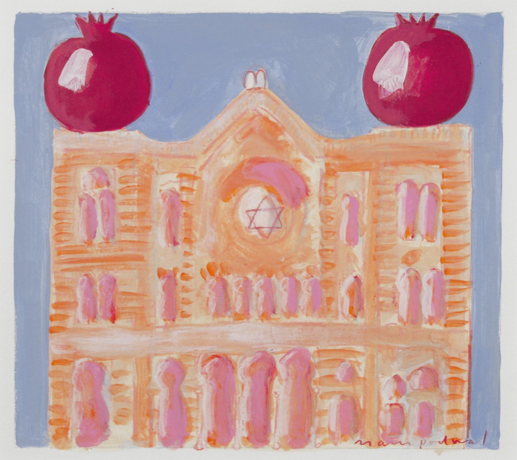 Mark Podwal, Jerusalem Synagogue in Prague, 2001, acrylic, gouache and colored pencil on paper, 7 x 8 inches