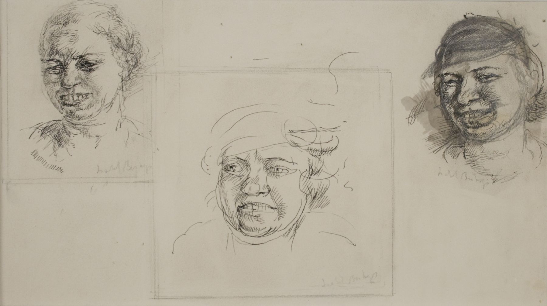 Isabel Bishop, Laughing Heads, Study Drawings, ink on paper, 7 x 9 1/4 inches