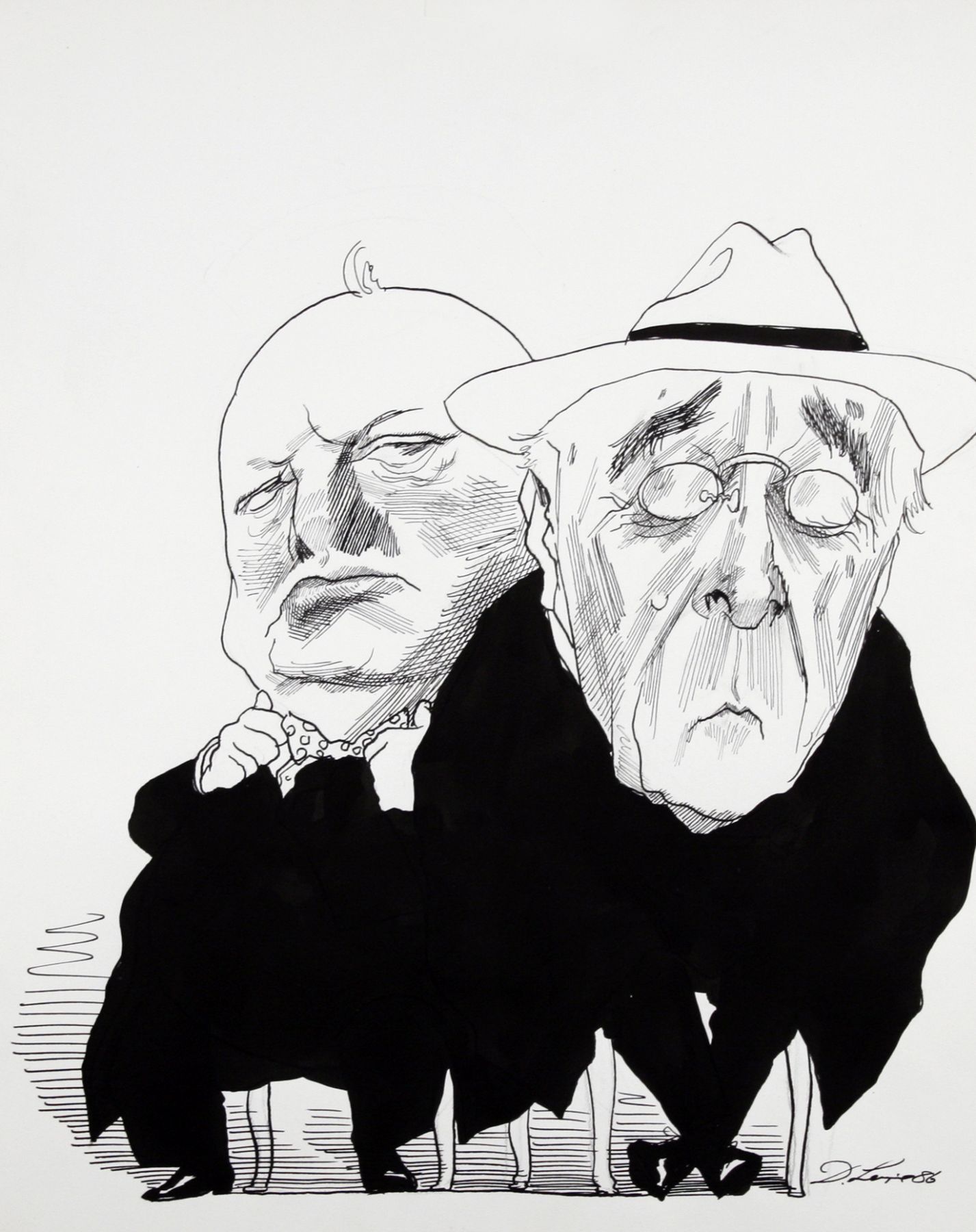 David Levine, FDR & Churchill, 1986, ink on paper, 13 1/2 x 11 inches