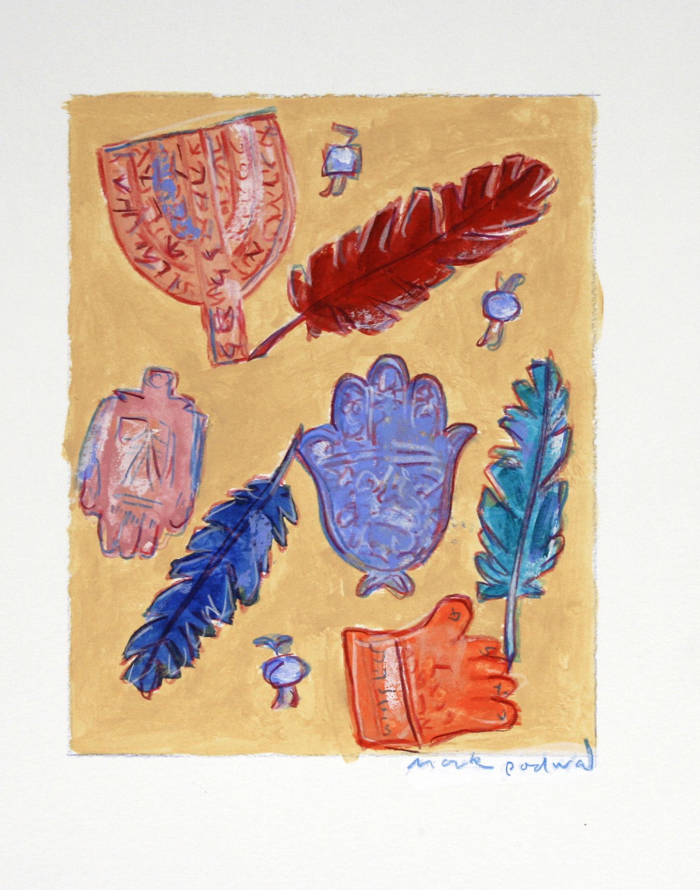 Mark Podwal, Amulets and Angel Feathers (SOLD), 2008, acrylic, gouache & colored pencil on paper, 7 1/2 x 5 3/4 inches