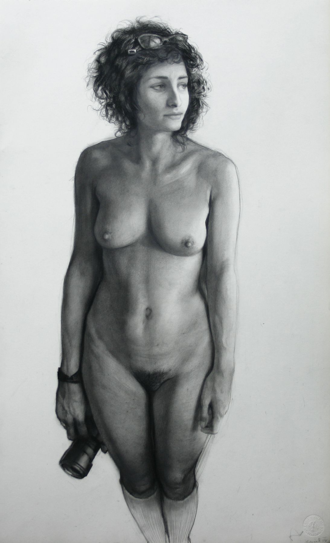 Steven Assael, Jordana with Camera, 2008, graphite and crayon on paper, 21 1/4 x 13 3/8 inches