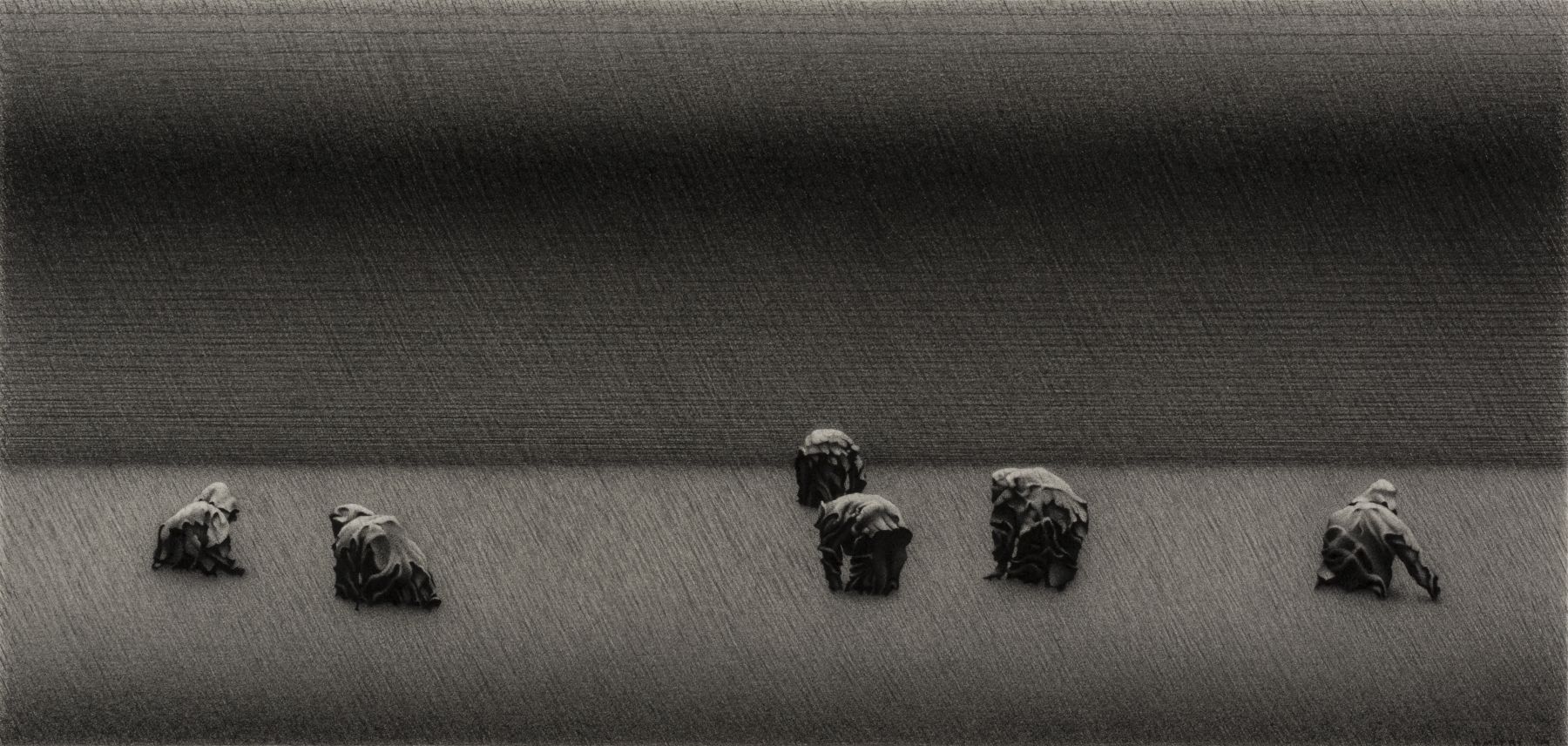 anthony mitri, Strawberry Pickers 3, Ile d'Orleans, Canada, 2014, charcoal on paper, 10 x 21 inches