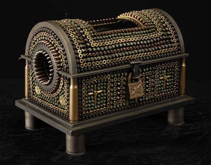 Al Farrow, Casket Reliquary III (Foot of Santo Guerro) (SOLD), 2011, bullets, shell casings, steel, wood, glass, bone, lock, antique velvet, 10 3/4 x 14 1/2 x 9 3/4 inches
