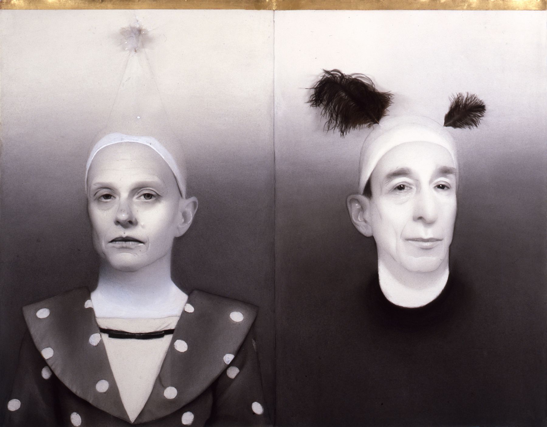 Susan Hauptman, Self Portrait (with feathers), 2007, charcoal, feathers and gold leaf on paper, 41 x 53 inches