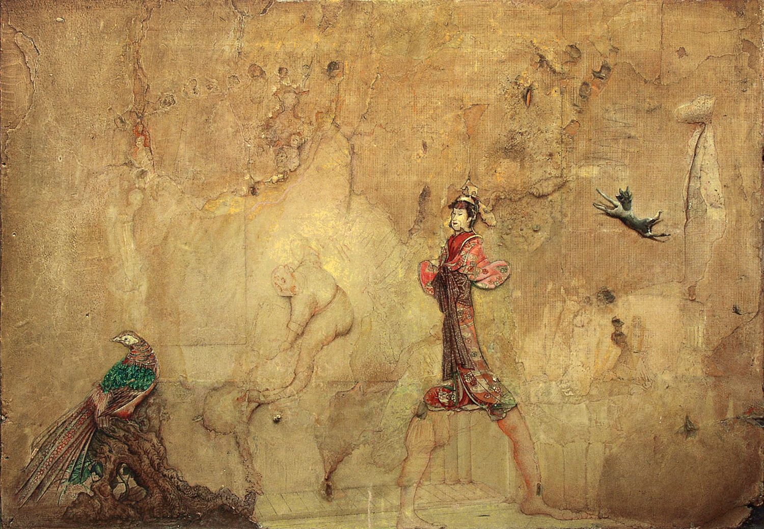 gregory gillespie, Bird, Man, Japanese Figure and Mad Dog, 1983, oil on wallboard, 24 x 33 1/2 inches