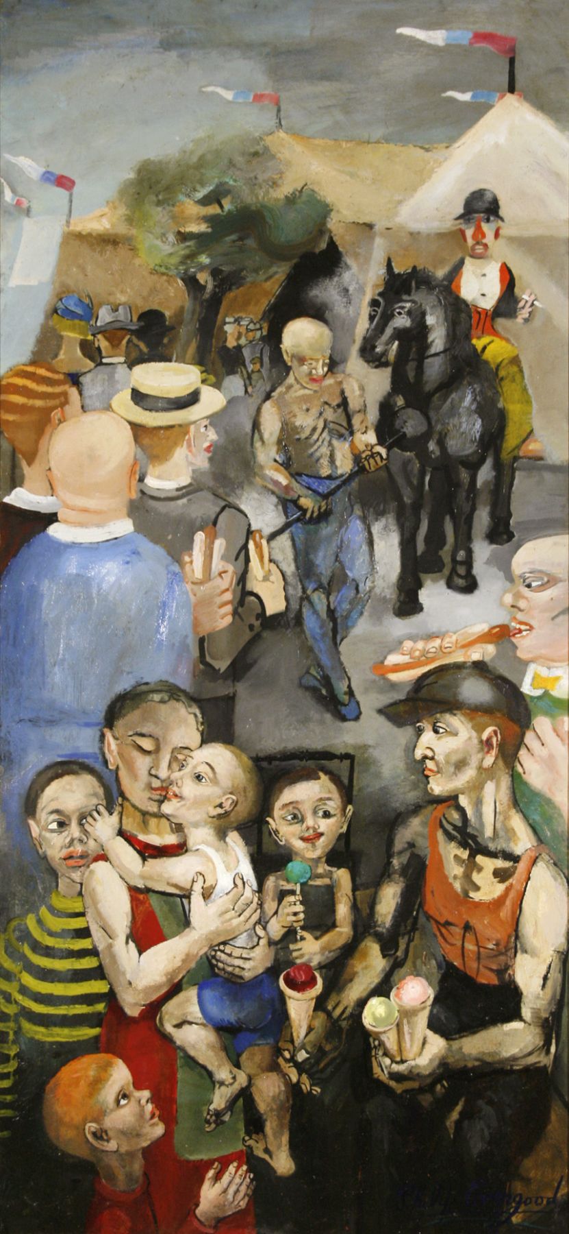 Philip Evergood, Outside the Tent, 1942, oil on panel, 60 x 28 inches