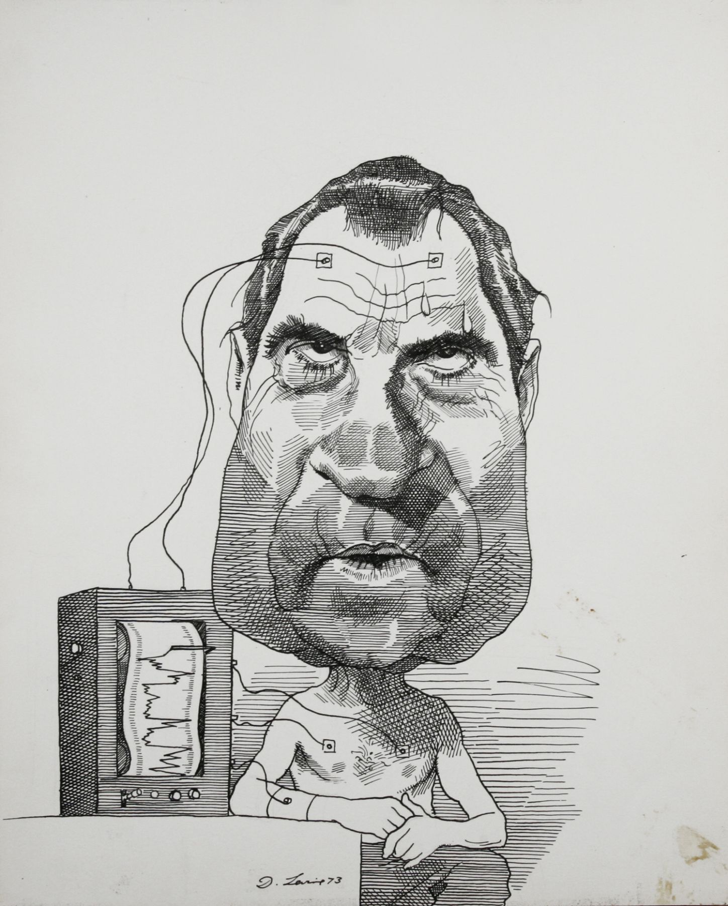 David Levine, Nixon & Lie Detector, 1973, ink on paper, 13 3/4 x 11 inches
