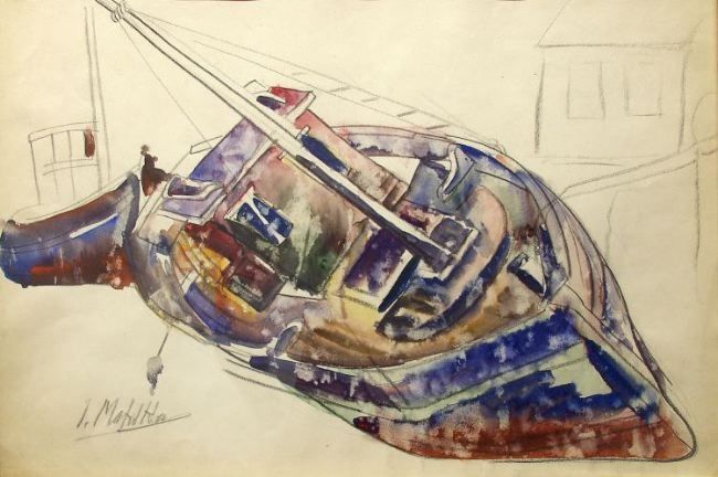 Jan Matulka, Old Boat - New England, nd, watercolor on paper, 14 x 21 1/2 inches