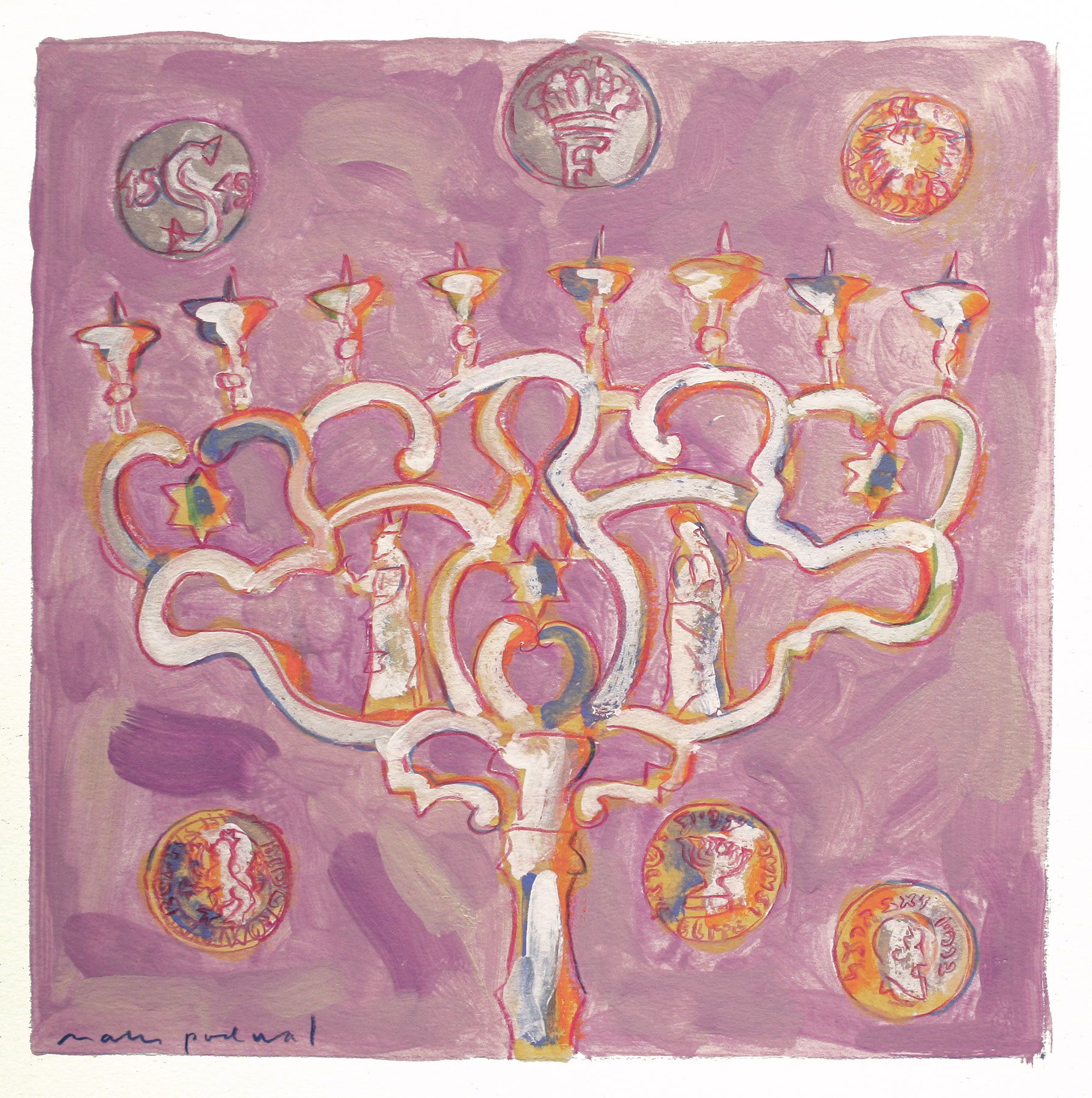 Mark Podwal, Hanukkah Coins and Renaissance Coins (SOLD), 2008, acrylic, gouache and colored pencil on paper, 12 x 12 inches