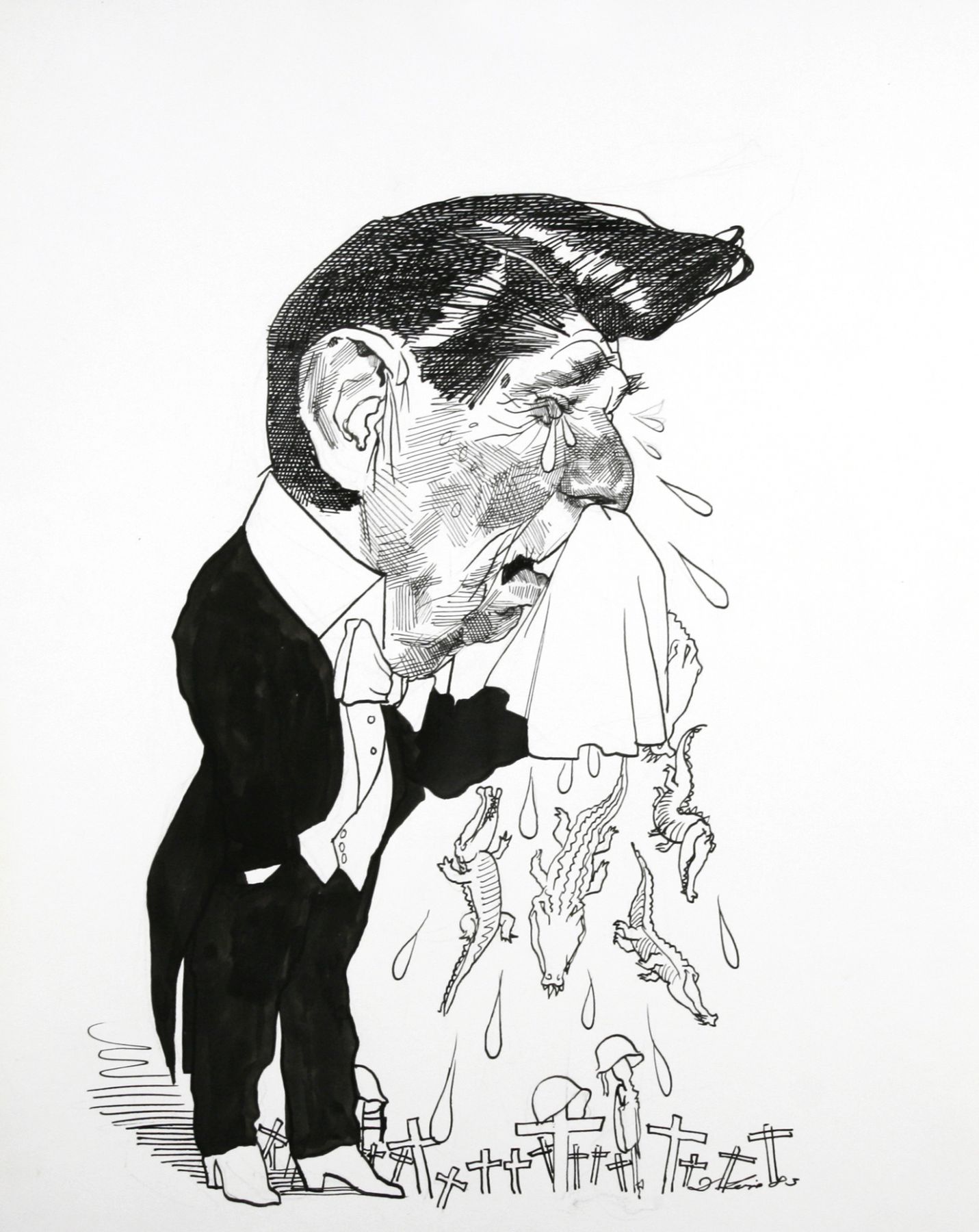 David Levine, Reagan -Alligator Tears, 1983, ink & pencil on paper, 13 1/2 x 11 inches