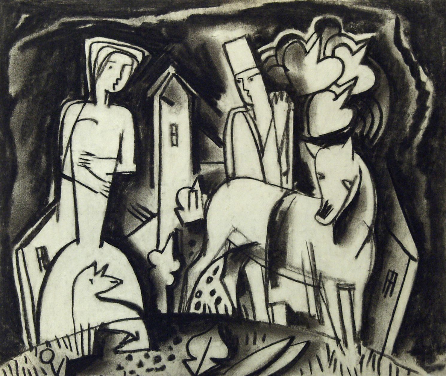 Bela Kádár, Untitled (man behind horse, with woman), n.d., charcoal on paper, 6 7/8 x 8 1/8 inches