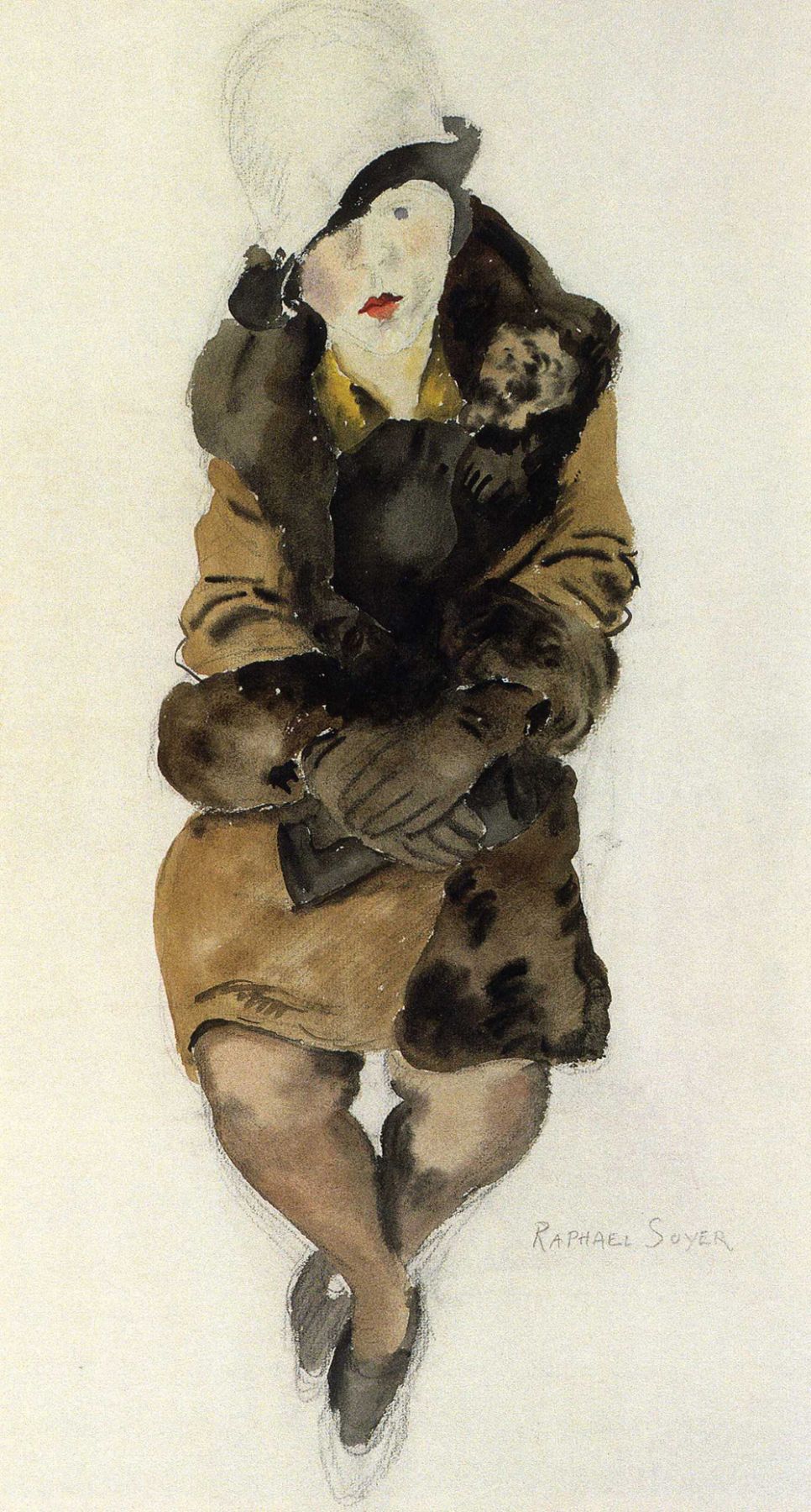 Raphael Soyer, Woman in a Coat and Hat (SOLD), c. 1928, watercolor on paper, 20 1/2 x 11 inches