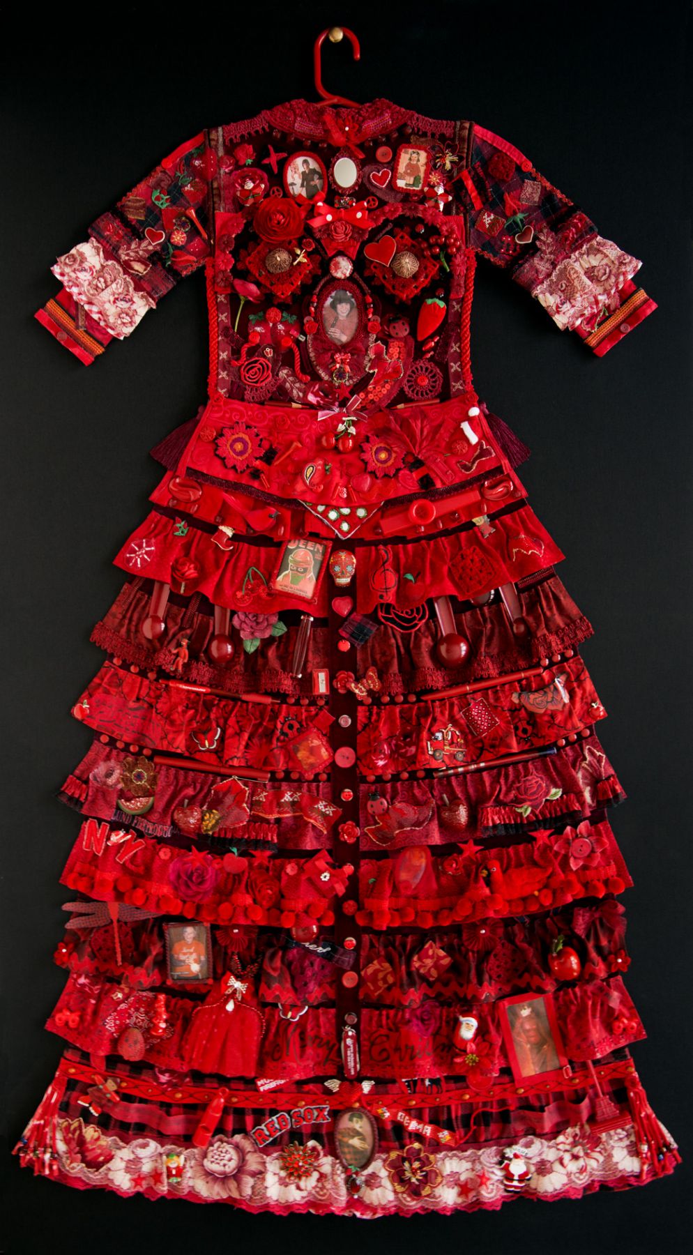 jane lund, Red Dress, 2013, assemblage of collected objects, 59 x 33 inches