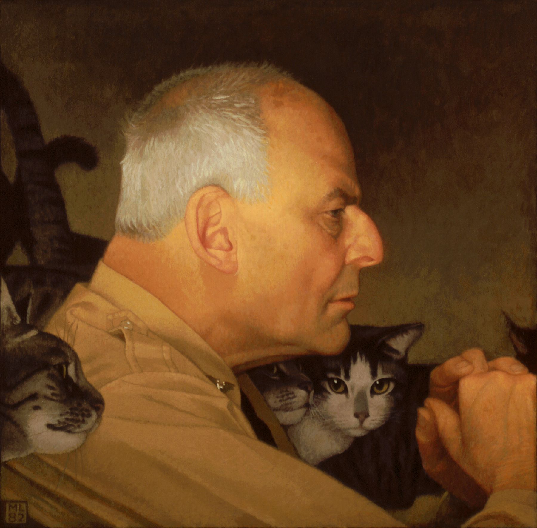 michael leonard, Lincoln Kirstein with Cats, oil on panel, 18 x 18 1/2 inches