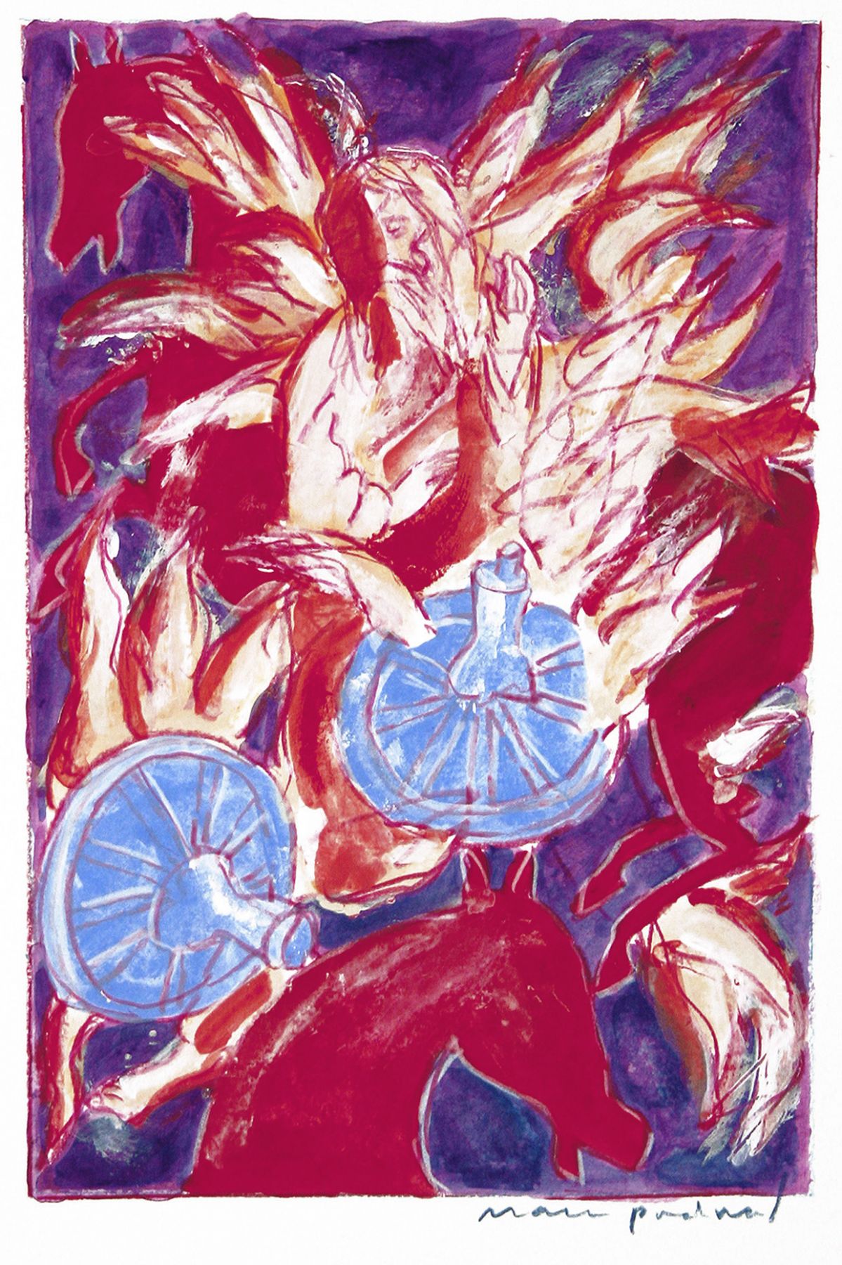 Mark Podwal, Elijah's Transformation into the Angel Metatron (SOLD), 2008, acrylic, gouache & colored pencil on paper, 10 x 6 1/2 inches