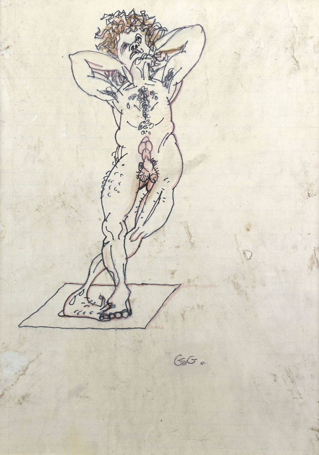 Gregory Gillespie, Male Dancer, 1980, pen & ink, oil on paper on board, 16 x 12 inches