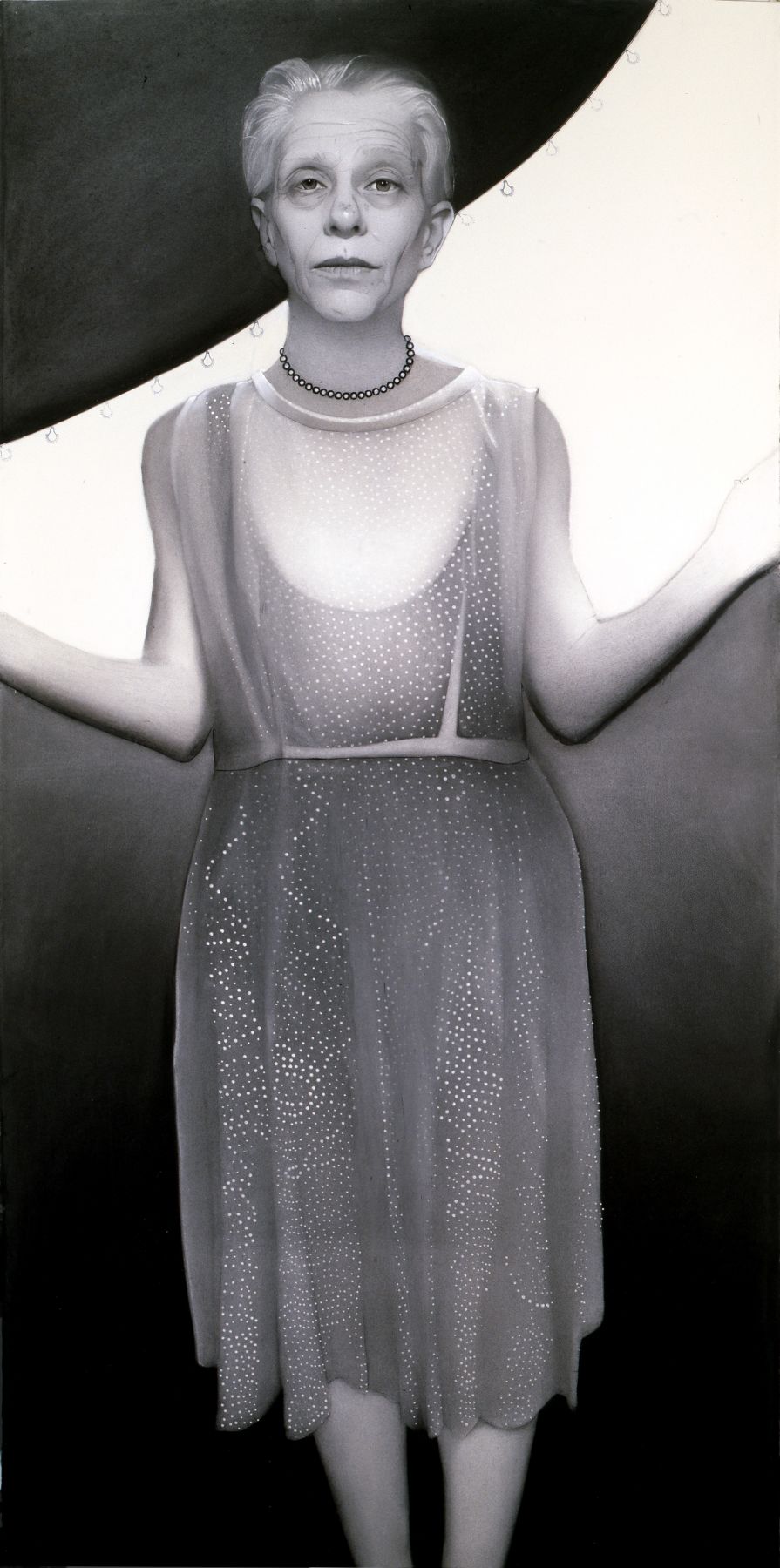 Susan Hauptman, Self Portrait (with rubber stamp) (SOLD), 2010, charcoal and rubber stamp on paper, 82 x 40 inches