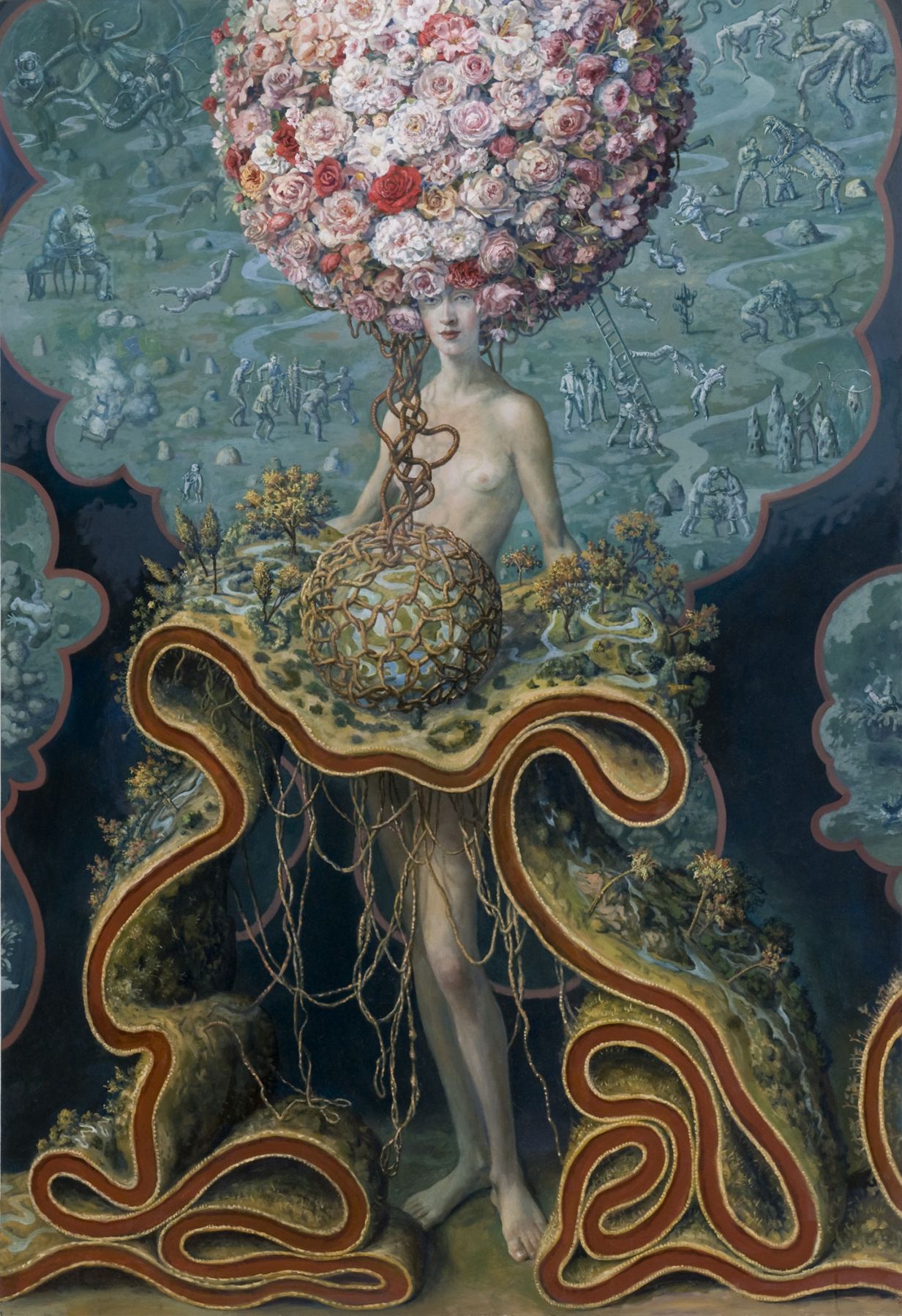 Julie Heffernan, Self Portrait as Tap Root, 2009, oil on canvas, 82 x 56 inches
