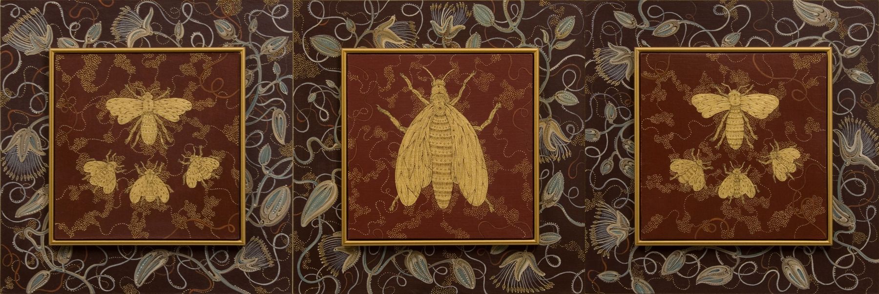 Stephanie Wilde, Queen, Drone, Workers (triptych), nd, ink, acrylic and gold leaf on panel, triptych, 8 x 8 inches each
