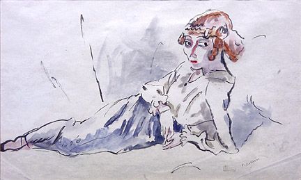 Jules Pascin, Hermine Allongée, 1915, watercolor on paper, 8 x 12 1/2 inches