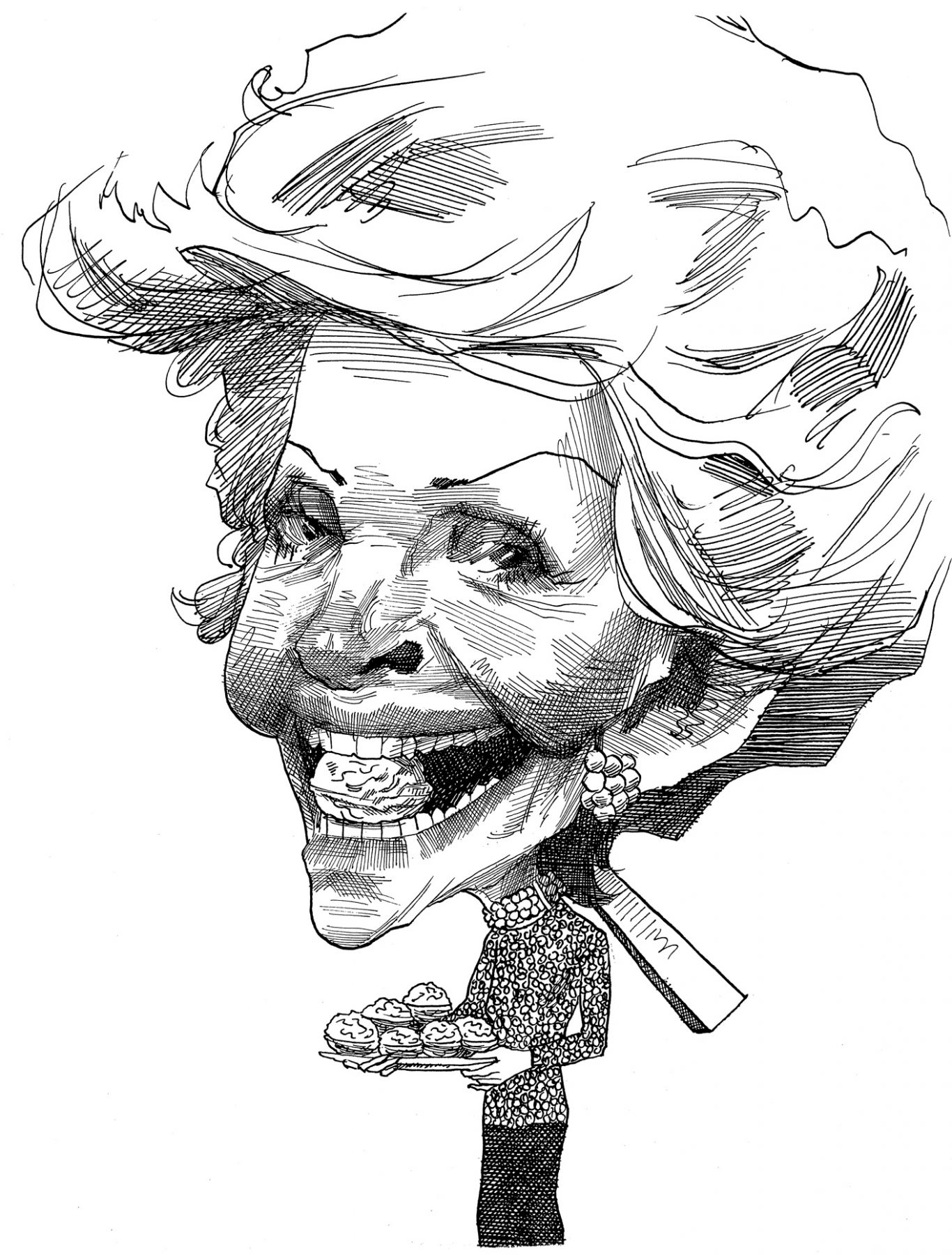 David Levine, Nancy Reagan- The Nut Cracker, 1989, ink on paper, 14 x 11 inches