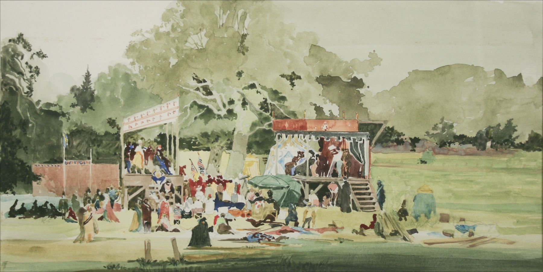 David Levine, Taping “As You Like It”, c. 1979, watercolor on paper, 9 x 18 inches