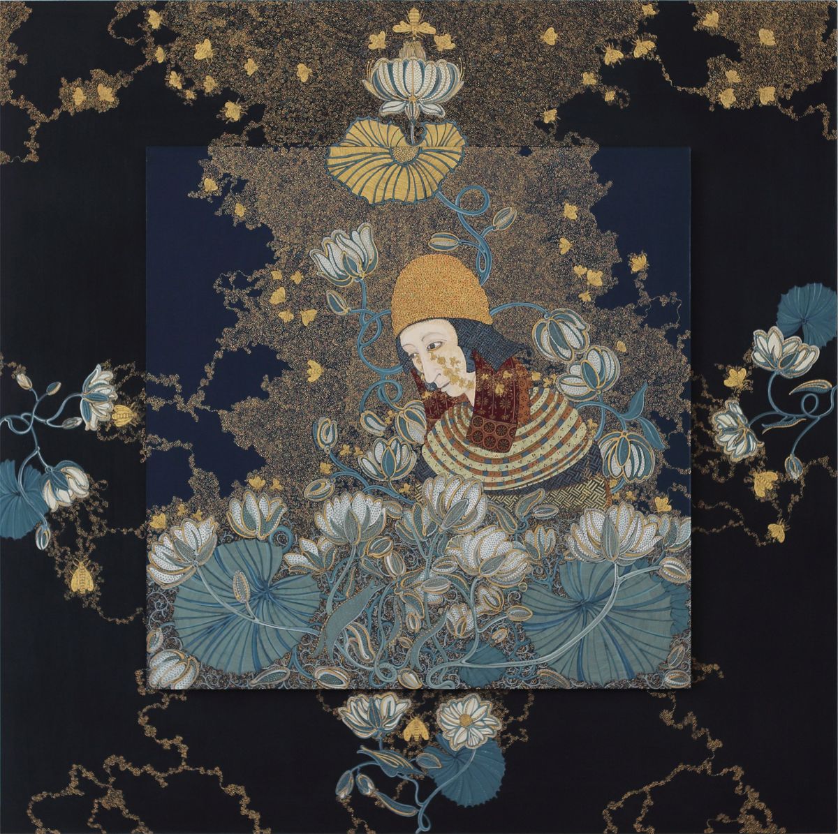 Stephanie Wilde, Tears of Ra, 2015, ink, acrylic and gold leaf, 30 x 30 inches