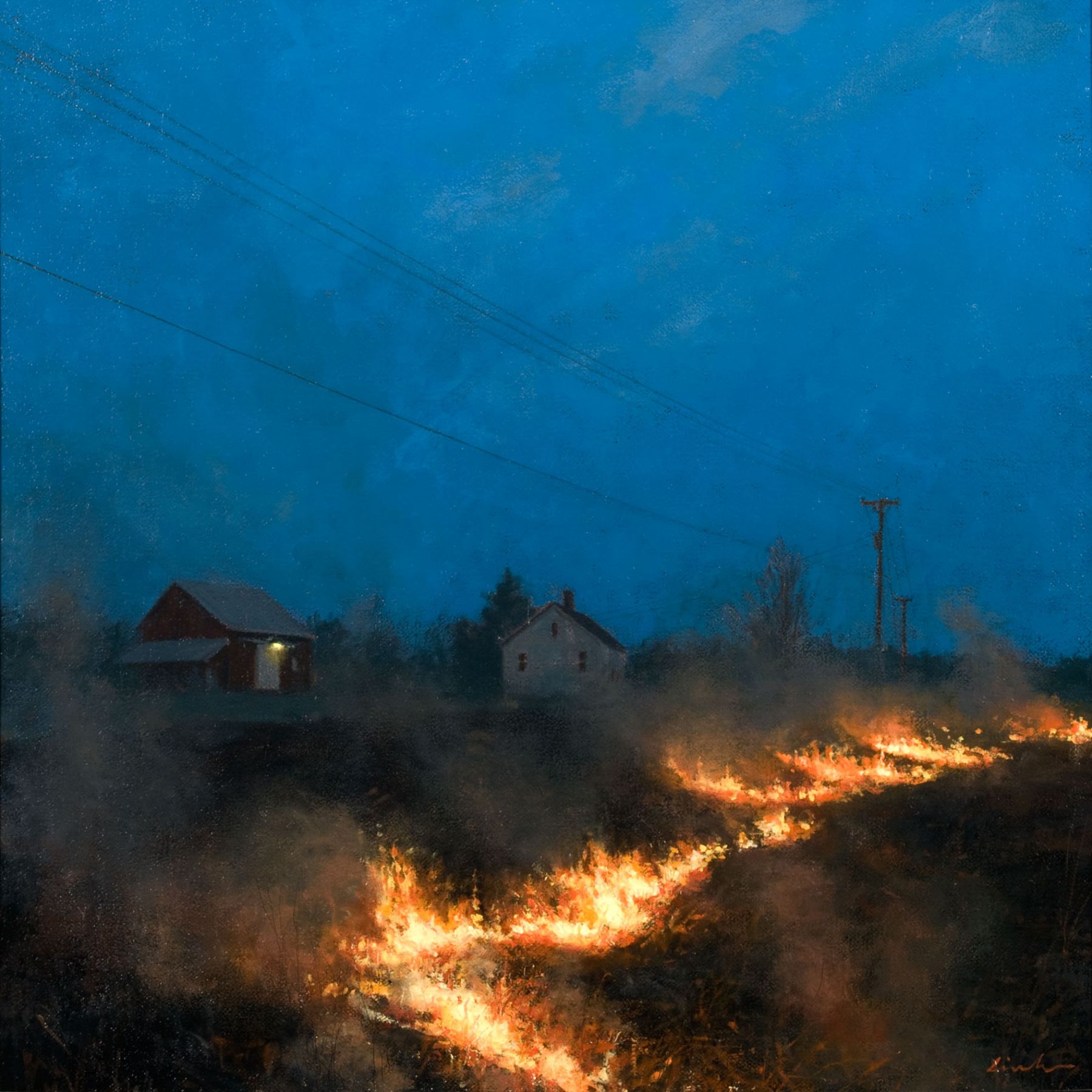 Linden Frederick, Field Fire (SOLD), 2007, oil on panel, 12 1/4 x 12 1/4 inches