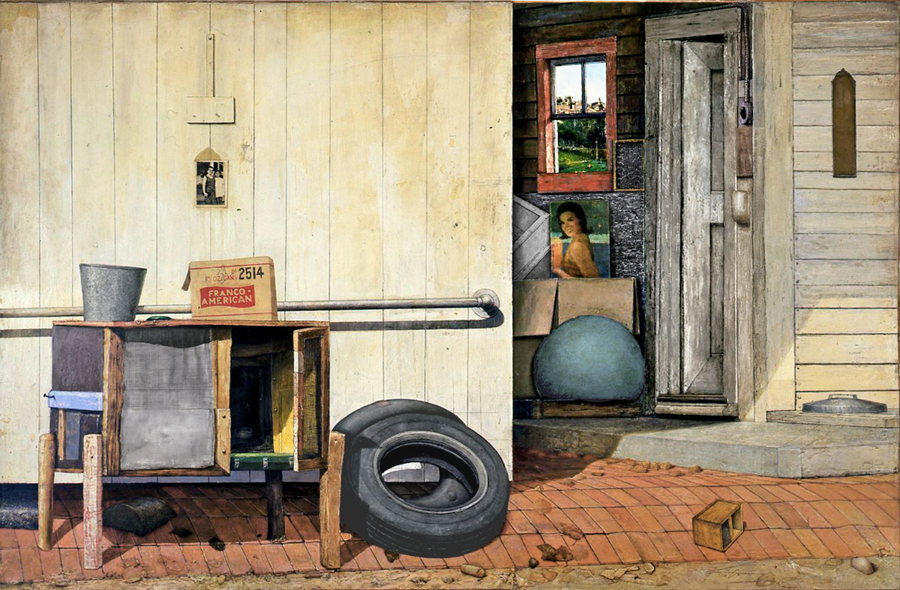 Gregory Gillespie, Back Entrance: Williamsburg, Massachusetts (SOLD), 1972, oil and Magna on wood, 54 x 84 inches