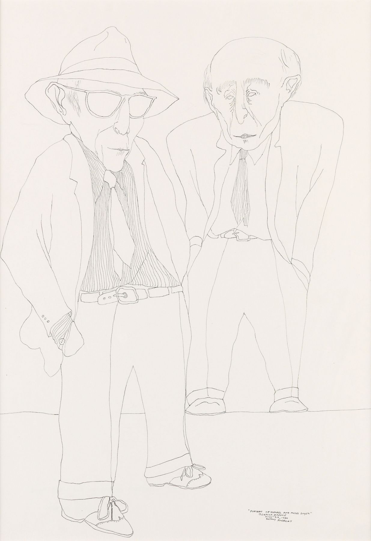 Benny Andrews, Portrait of Raphael and Moses Soyer (SOLD), 1986, pen and ink on wove paper, 20 1/4 x 14 3/8 inches