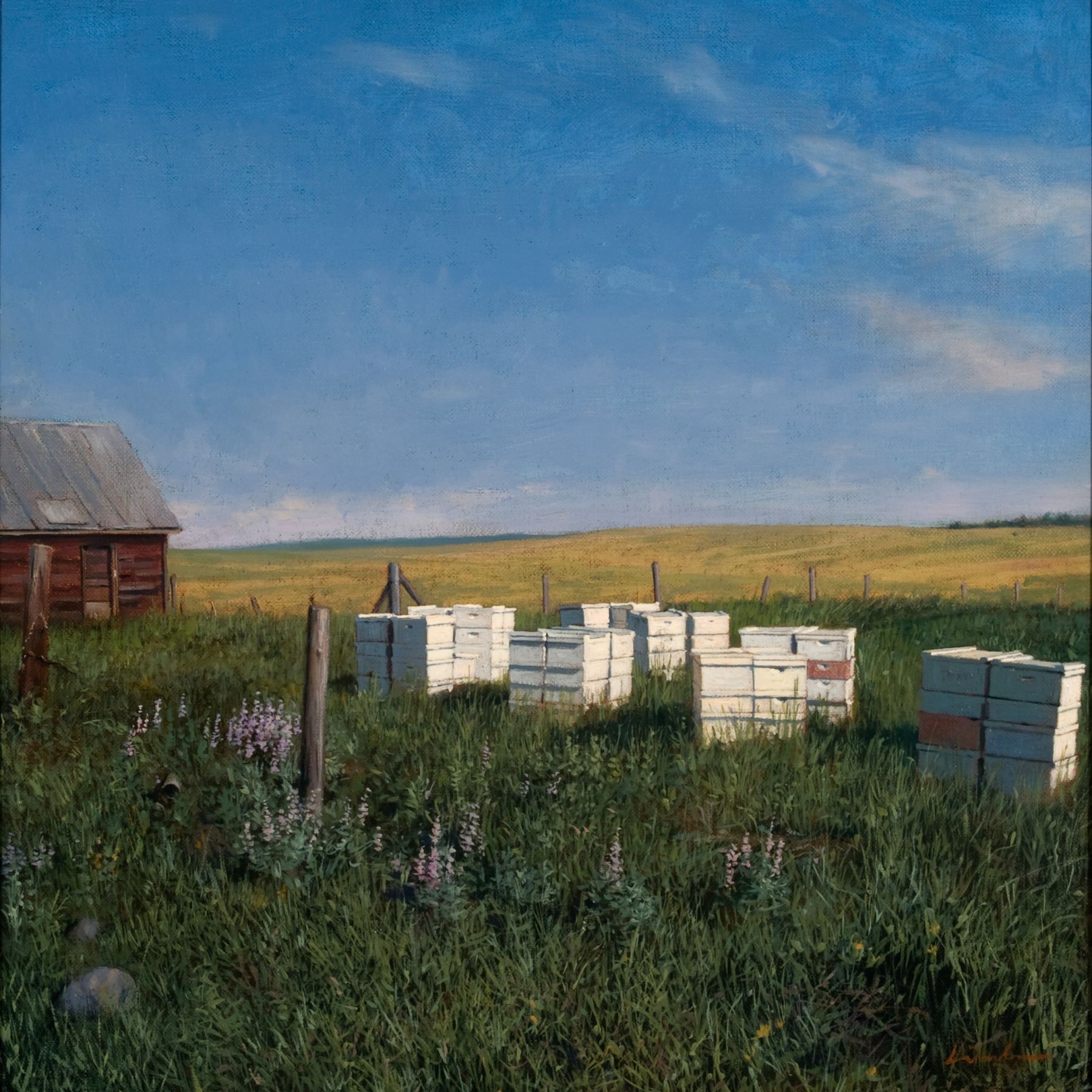 Linden Frederick, Worker Bees (SOLD), 2008, oil on panel, 12 1/4 x 12 1/4 inches