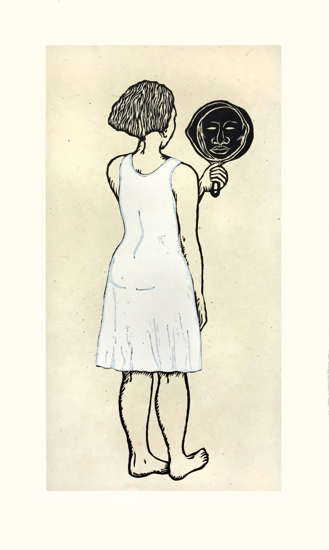 Alison Saar, Mirror, Mirror; Mulatta Seeking Inner Negress II, 2015, woodcut, chine collé, 38 x 21 1/2 inches, Edition 22/30
