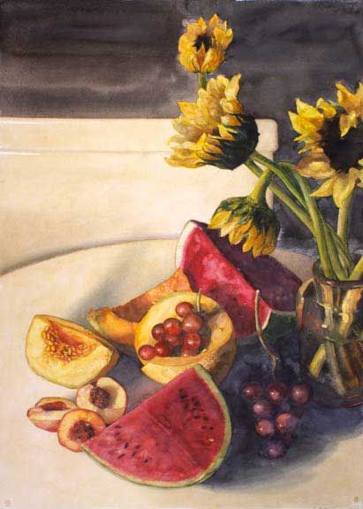 Clustered Fruit And Sunflowers, Eileen Goodman, Watercolor