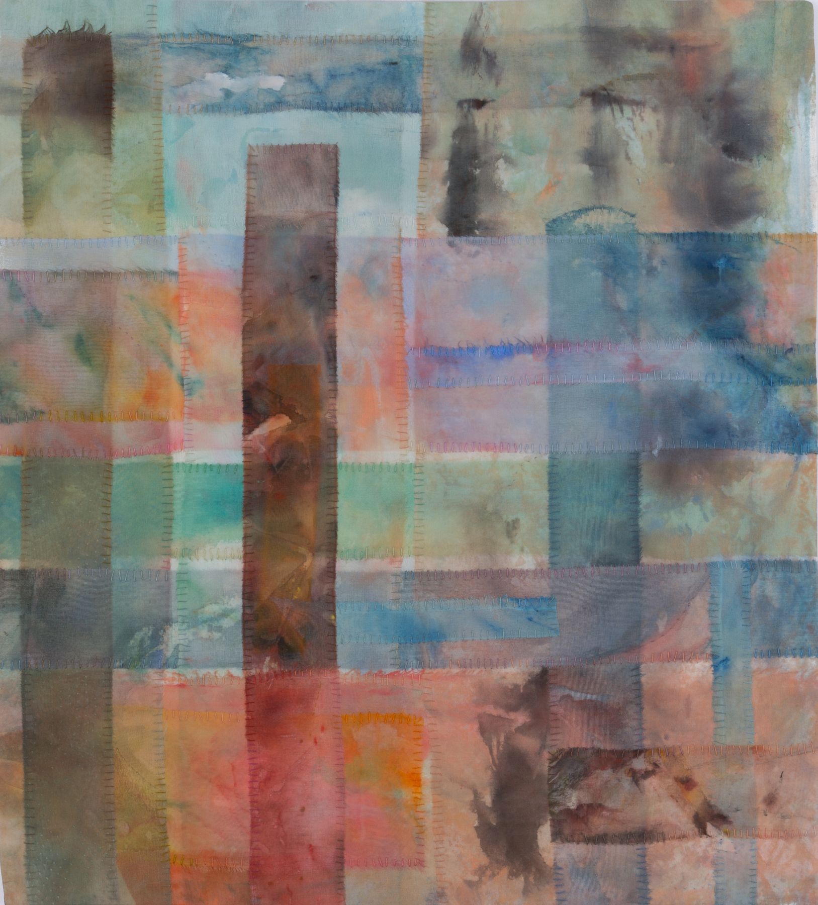 As We Go Away, 21.5" x 19.5", Acrylic And Thread On Silk