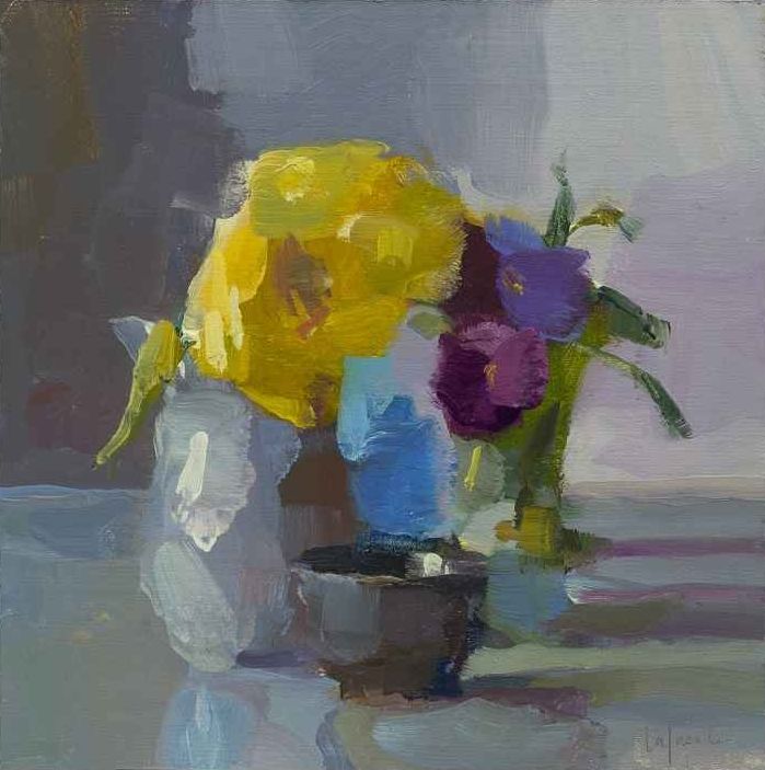 Pansies And Yellow Dahlia, 10" x 10", Oil On Mounted Linen