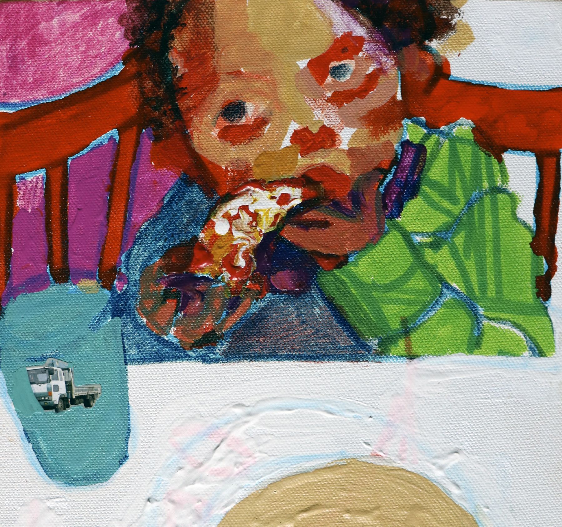 No Pepperoni (Detail), 12" x 9", Mixed Media On Canvas
