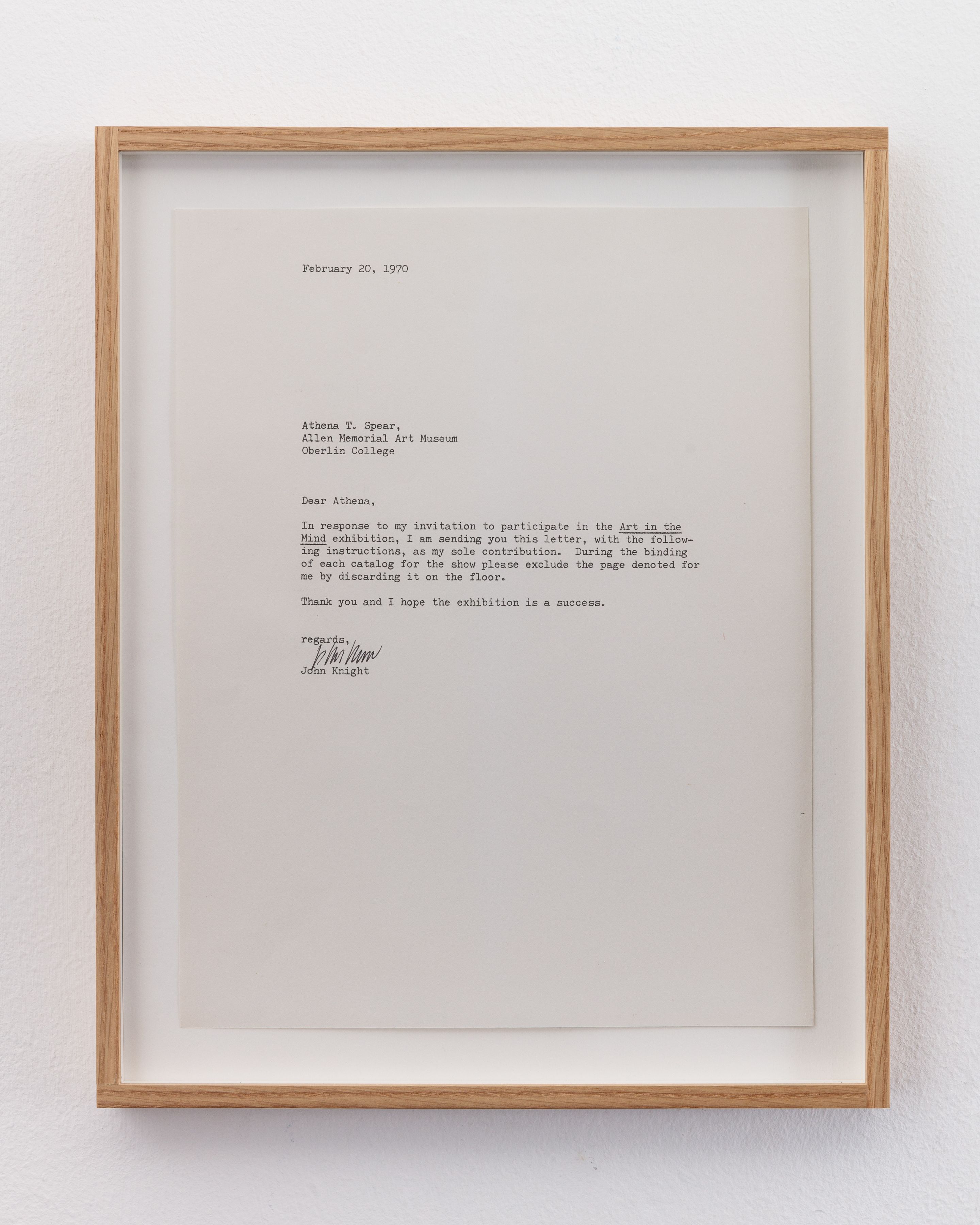 John Knight Proposal to the curators of the exhibition ‘Art In The Mind’, 1970 Ink on paper 8 ½ x 11 inches (21.59 x 27.94 cm)