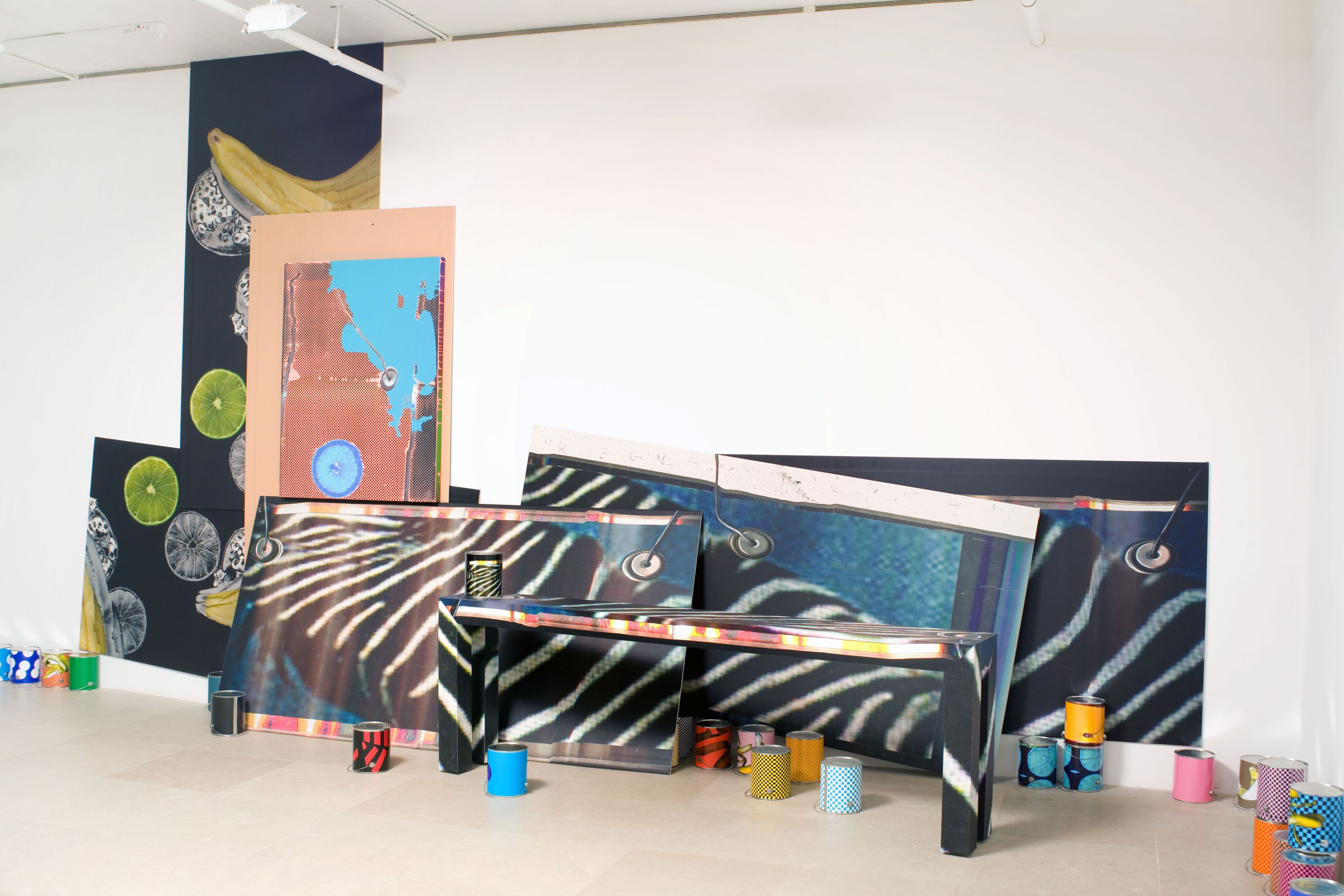 Guyton\Walker Untitled, 2009 Paint, silkscreen, and inkjet print on canvas, Formica table, inkjet print on drywall, inkjet prints on paint cans 138 x 270 x 75 inches (350.5 x 685.8 x 190.5 cm) overall