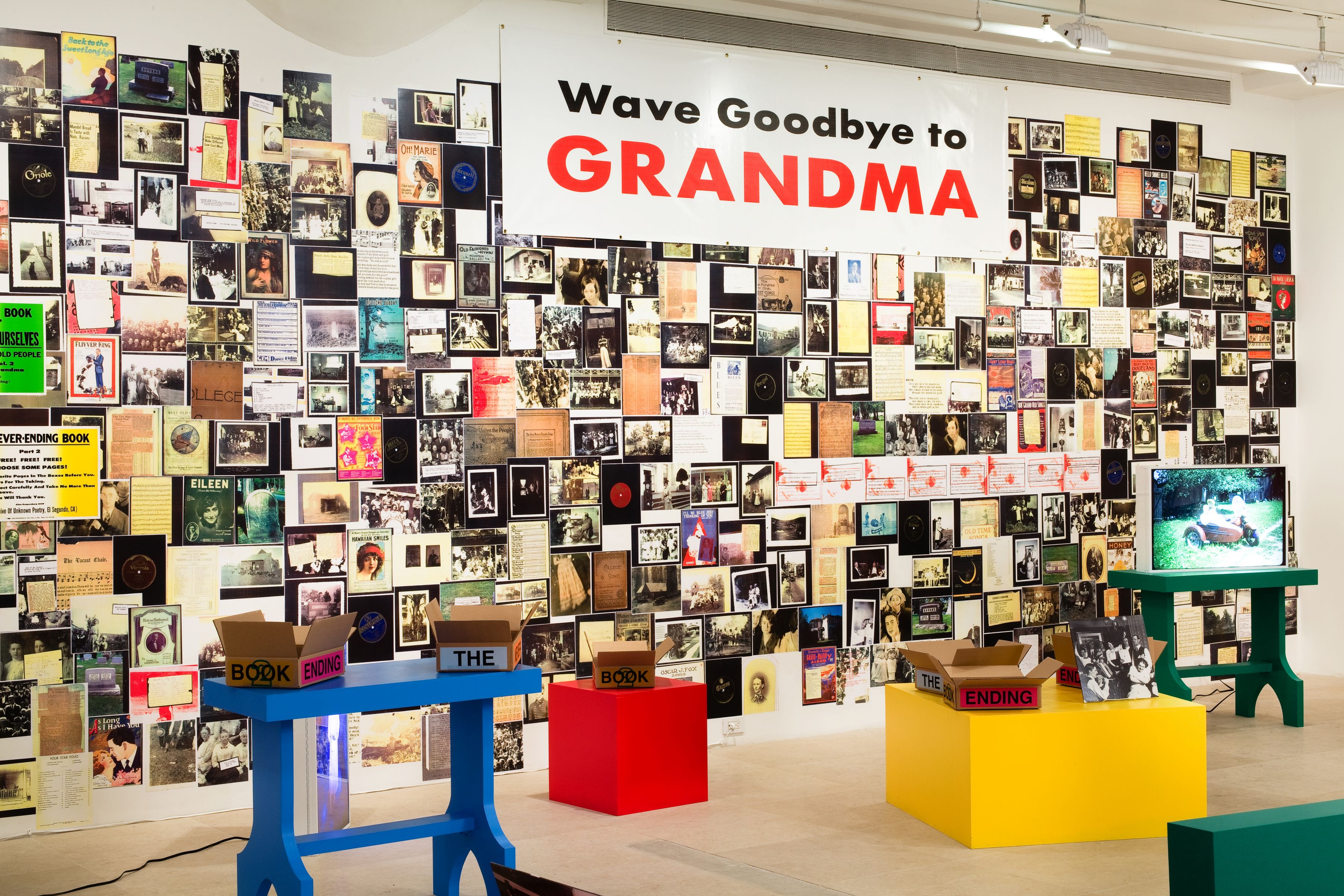Allen Ruppersberg The Never Ending Book Part Two/Art and Therefore Ourselves 2009 color copies, cardboard boxes, artist's records 5 lightboxes banner letterpress posters and 17 furniture elements overall dimensions variable