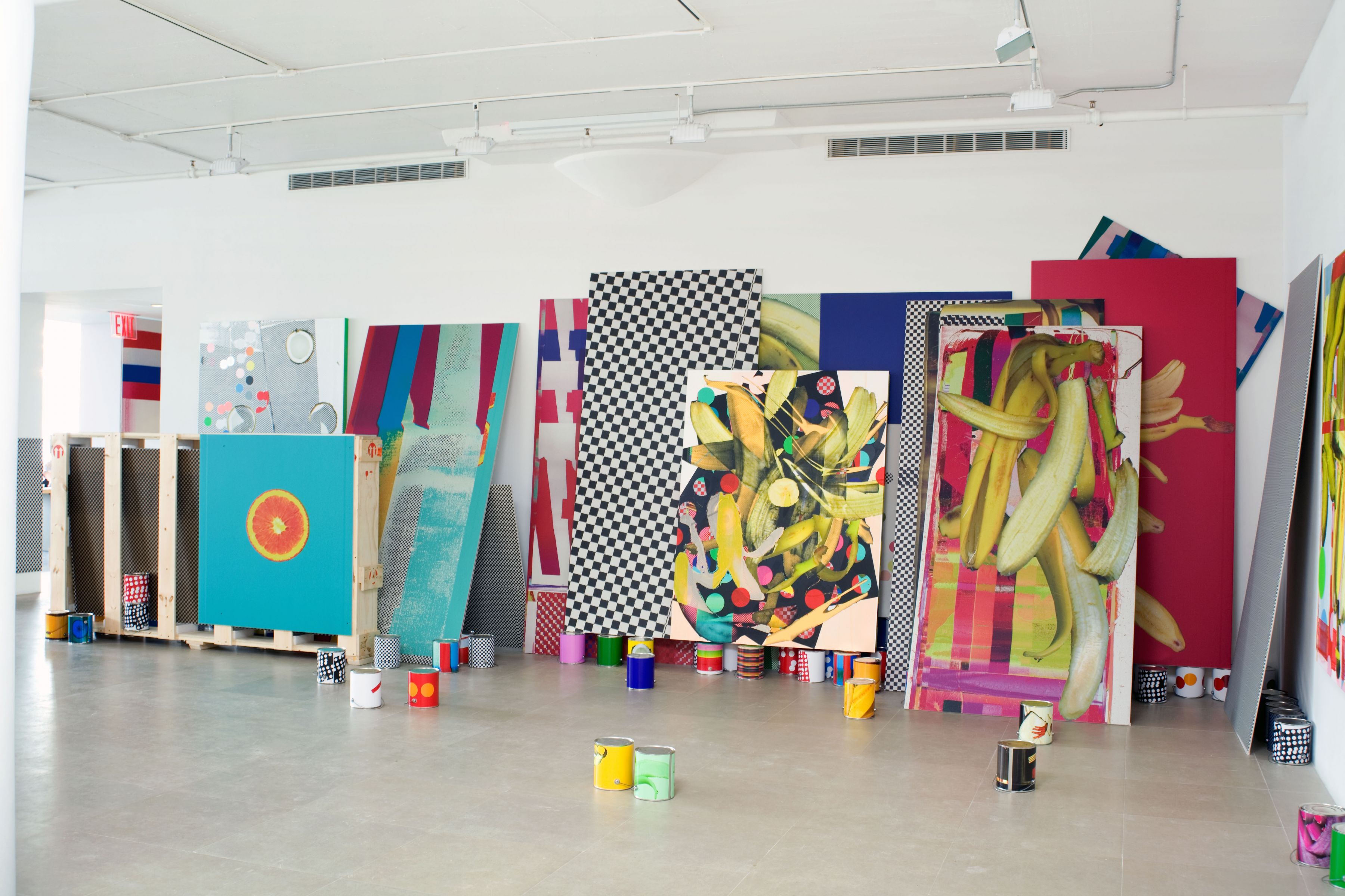 Guyton\ Walker Untitled, 2009 paint, silkscreen, and inkjet print on canvas, inkjet print on drywall, inkjet prints on paint cans, and crate with printed drywall 114 x 320 x 70 inches overall 289.6 x 812.8 x 177.8 cm
