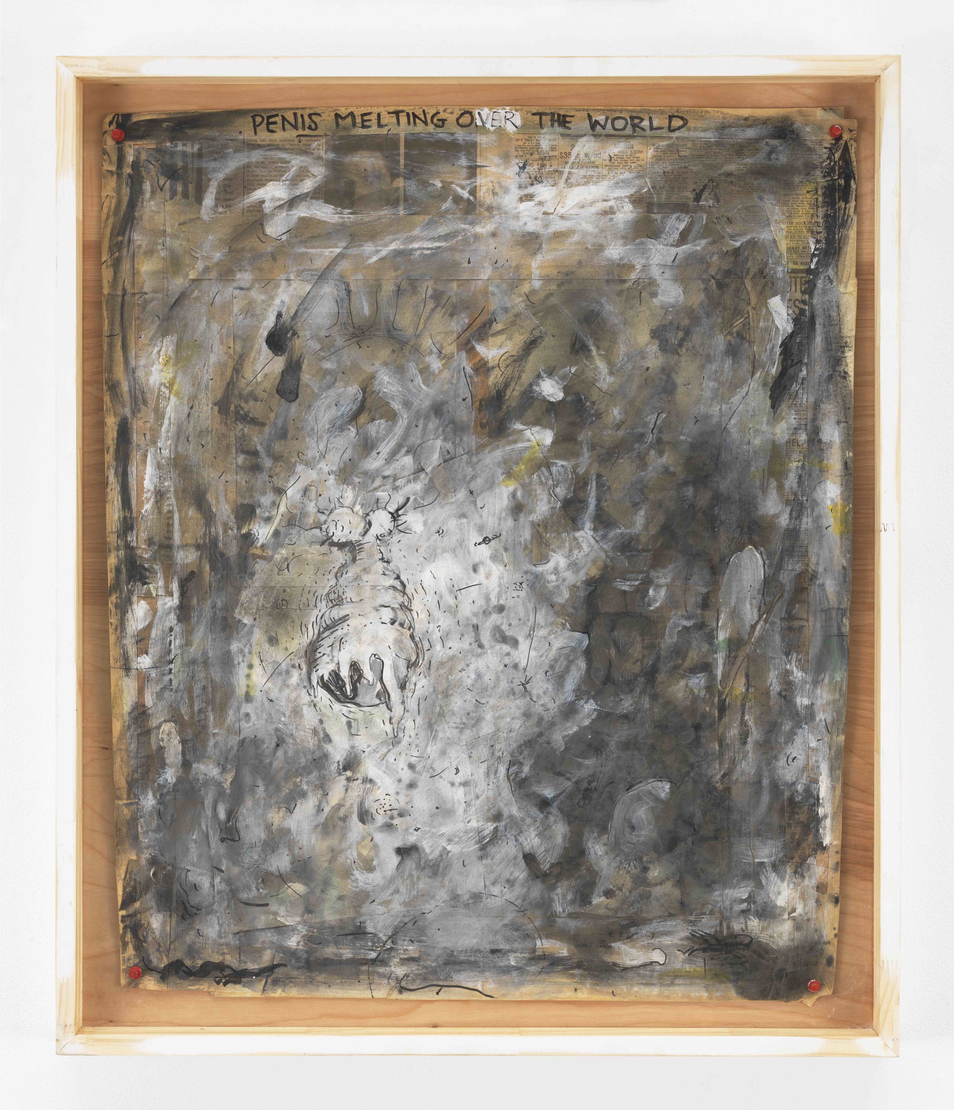 Pope.L, Penis Melting Over The World, 1990; Acrylic, ballpoint and marker on layered and taped newspaper with pushpins in artist's frame, 30 3/4 x 26 inches (78.1 x 66 cm)