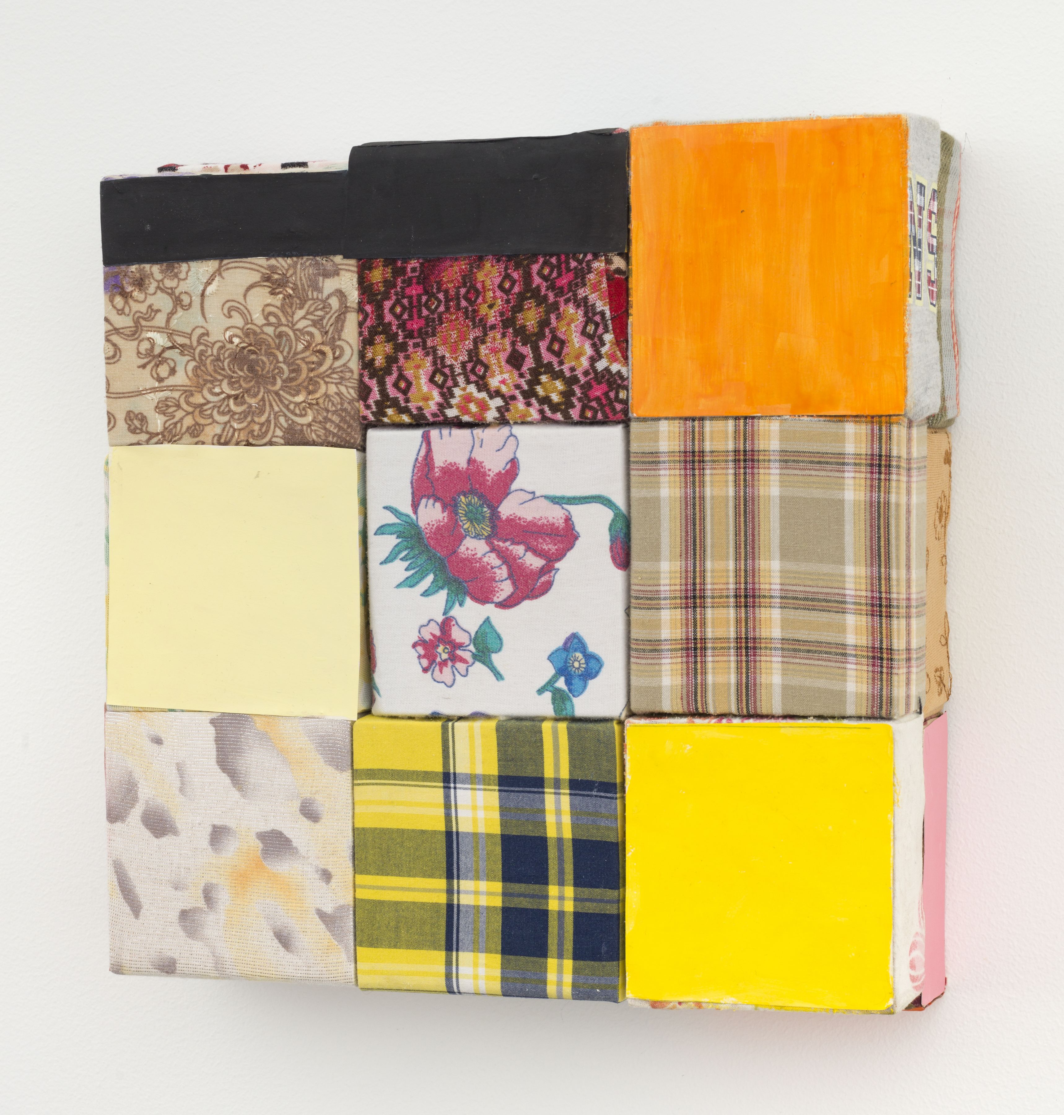 Central flower, 2018, wooden blocks, dress fabric, plaid fabric, paper, Flashe acrylic