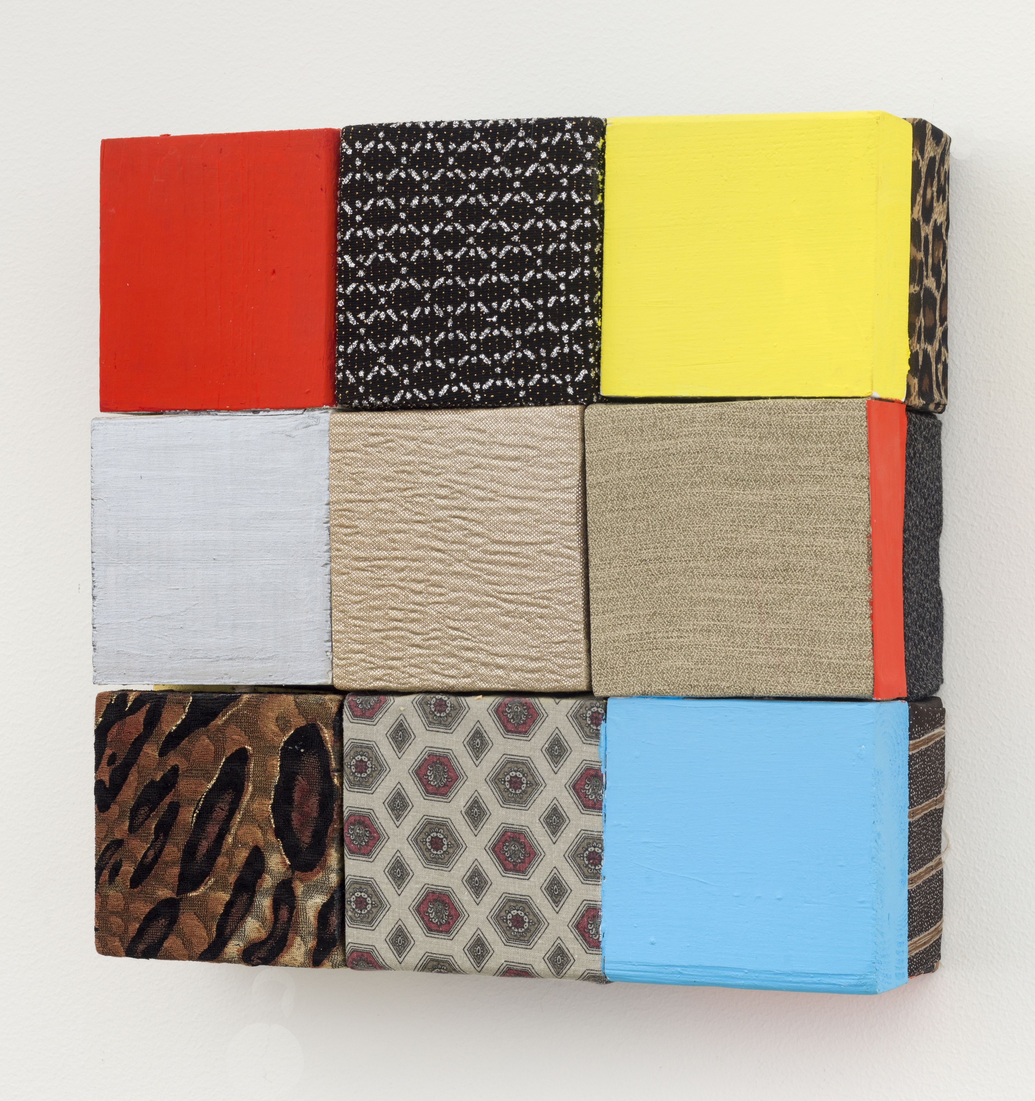 Ladies' Red, Yellow, Blue, 2016, Wooden blocks, dress fabric, Flashe acrylic, house paint