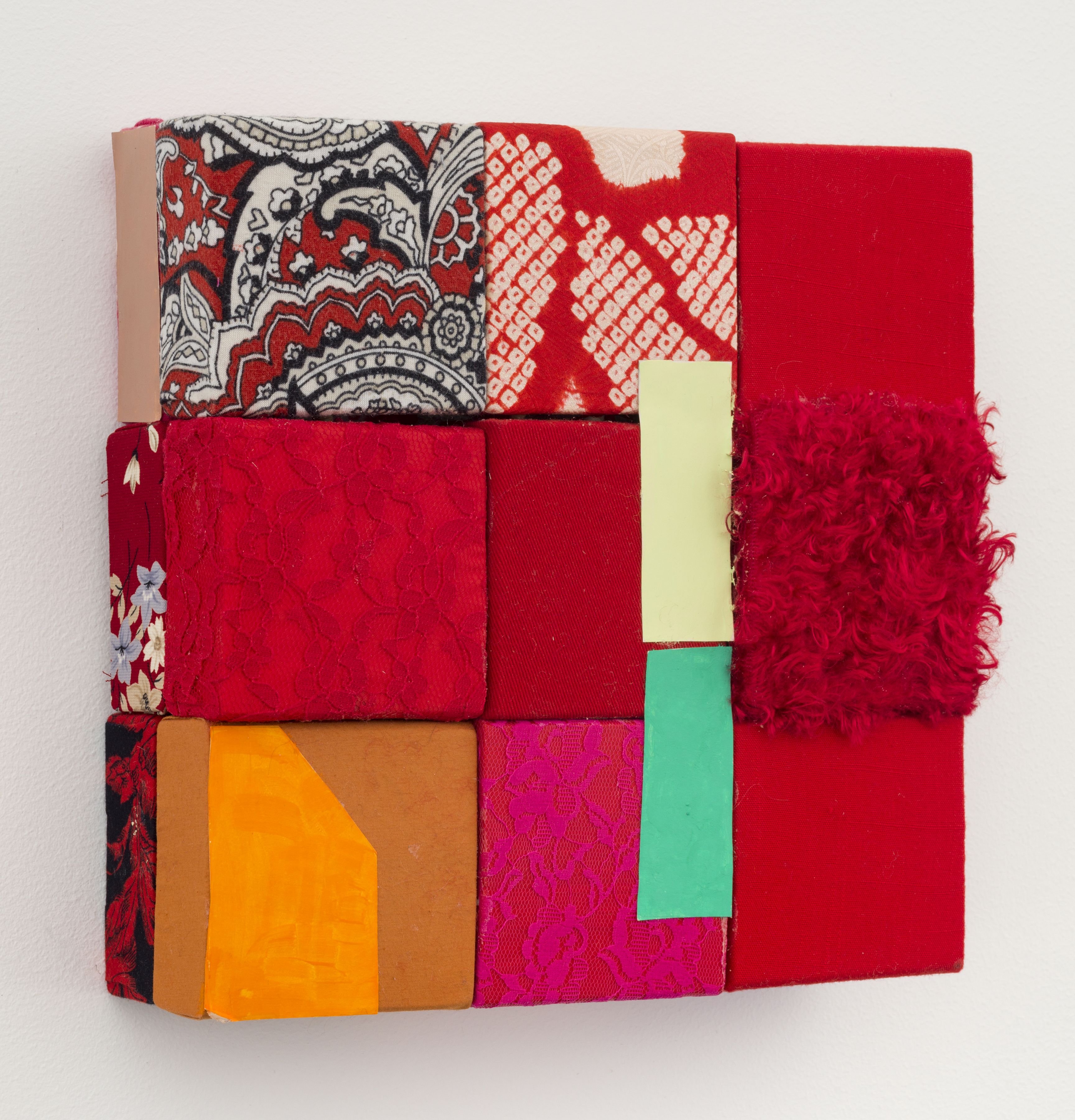 A luxury of red, 2018, wooden blocks, dress fabric, Japanese fabric, red scarf, paper, Flashe acrylic