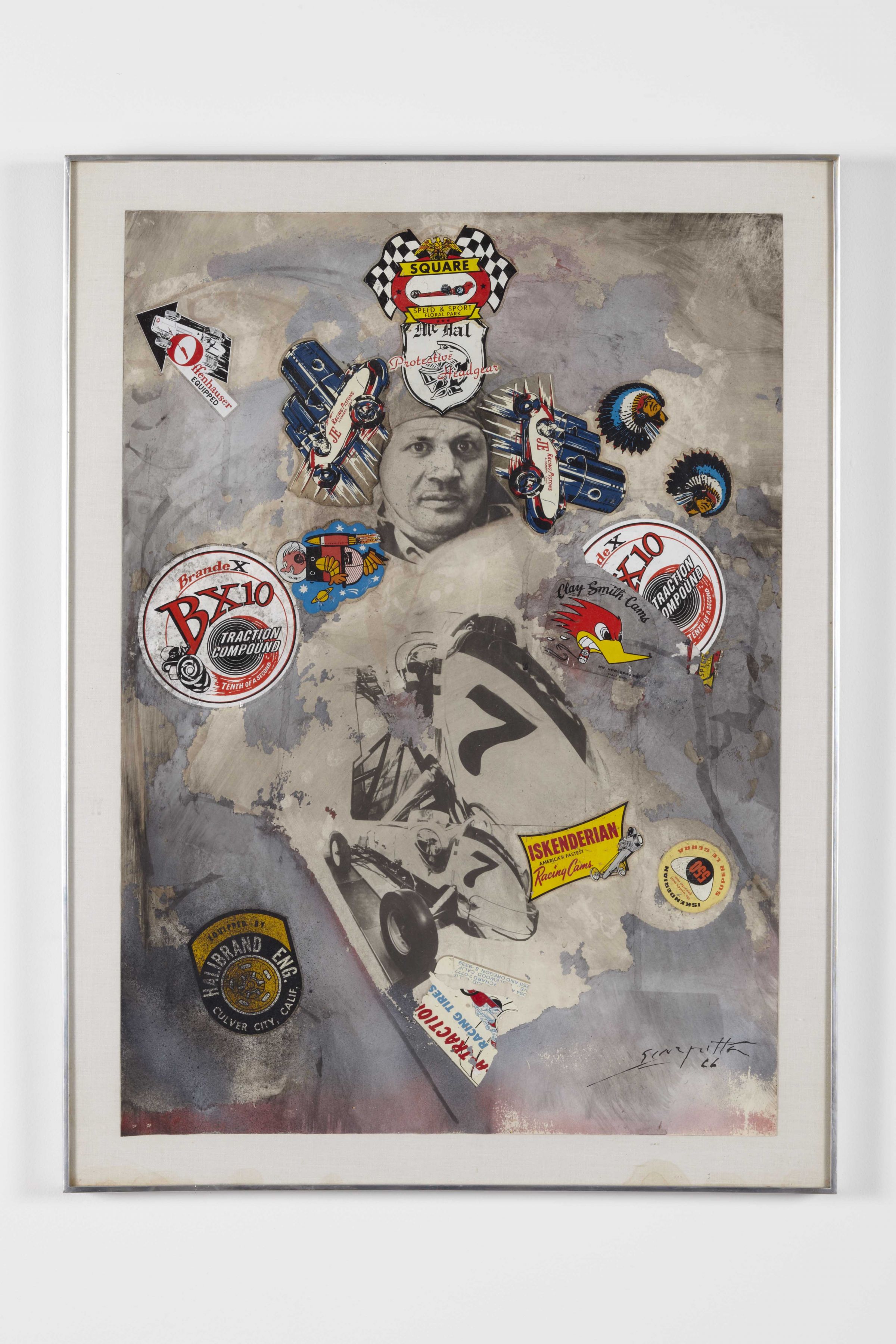 a mixed media contemporary artwork with car racing motifs by salvatore scarpitta