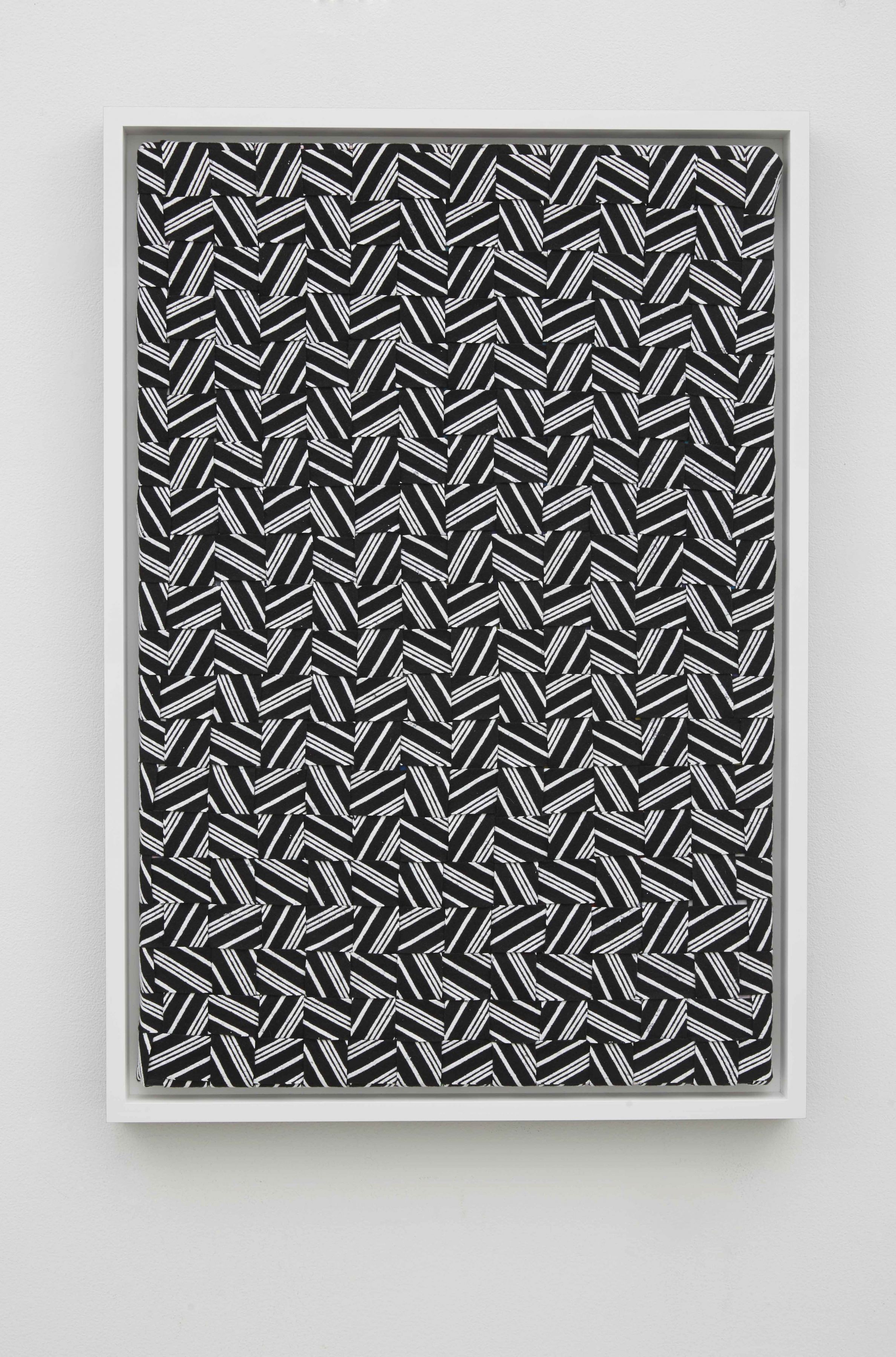 SkyTrax, 2014, Canvas, spandex, acrylic paint on printed cotton, and printed felt in painted wood frame