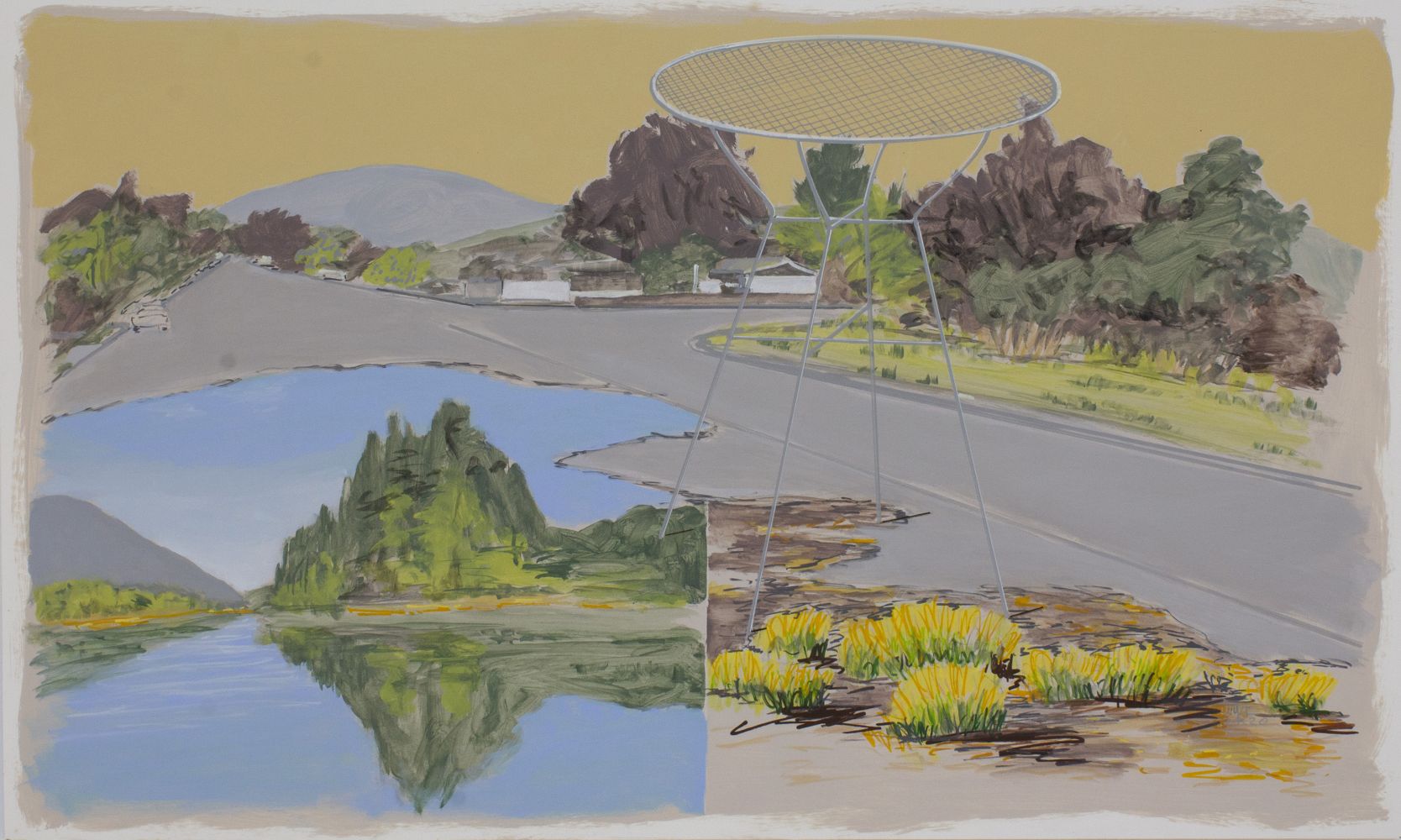 William Leavitt, Island, street, table, bushes, 2020
