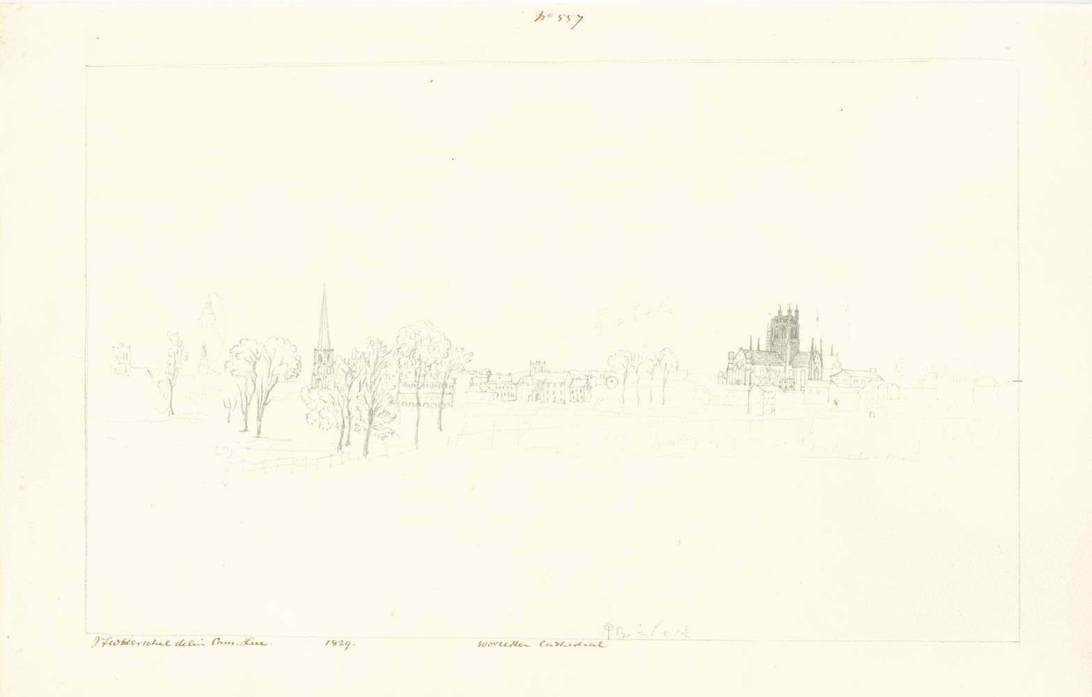 Sir John Frederick William HERSCHEL (English, 1792-1872) "No 557 Worcester Cathedral”, 1829 Camera lucida drawing, pencil on paper 20.2 x 32.2 cm on 24.4 x 38.5 cm paper Watermark “J Whatman Turkey Mill”. Numbered, signed, dated and titled “No 557 / JFW Herschel delin Cam. Luc. / 1829 / Worcester Cathedral” in ink in border. Titled “Worcester” in pencil on verso.