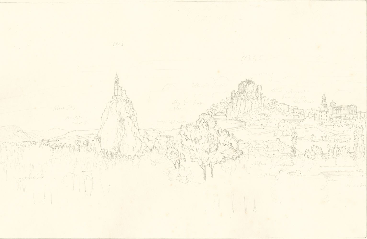 Sir John Frederick William HERSCHEL (English, 1792-1872) "No 495 Le Puy. From across the bridge. The Church of St Michel, The Rocher du Corneille & the Cathedral”, 19 October 1850 Camera lucida drawing, pencil on paper 21.6 x 33.3 cm on 25.2 x 38.5 cm paper Numbered, signed, dated and titled “No 495 / JFW Herschel del. Cam. Luc. Oct. 19, 1850 / Le Puy. From across the bridge. The Church of St Michel bearing ENE, The Rocher du Corneille NE by E. / (by compass) & the Cathedral” in ink in border